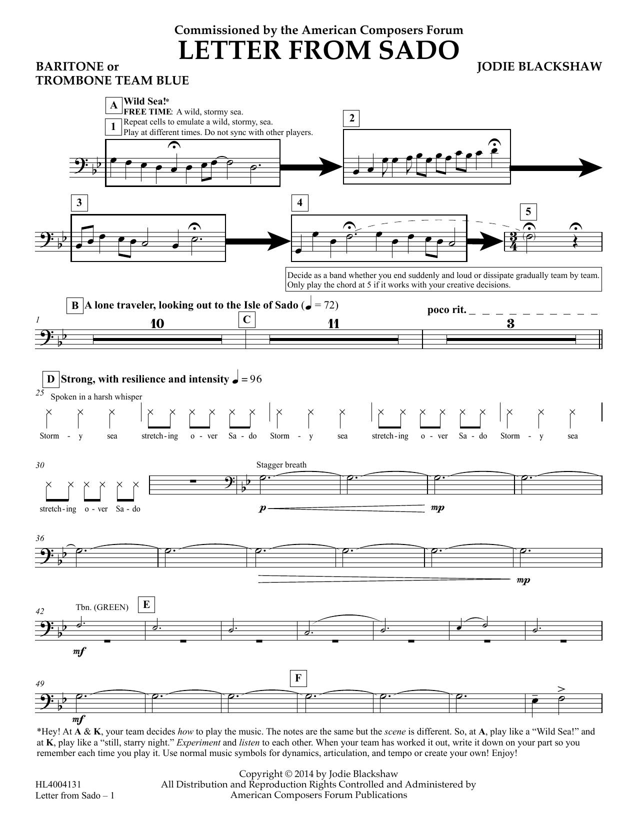 Jodie Blackshaw Letter from Sado - Baritone or Trombone Team Blue Sheet Music Notes & Chords for Concert Band - Download or Print PDF