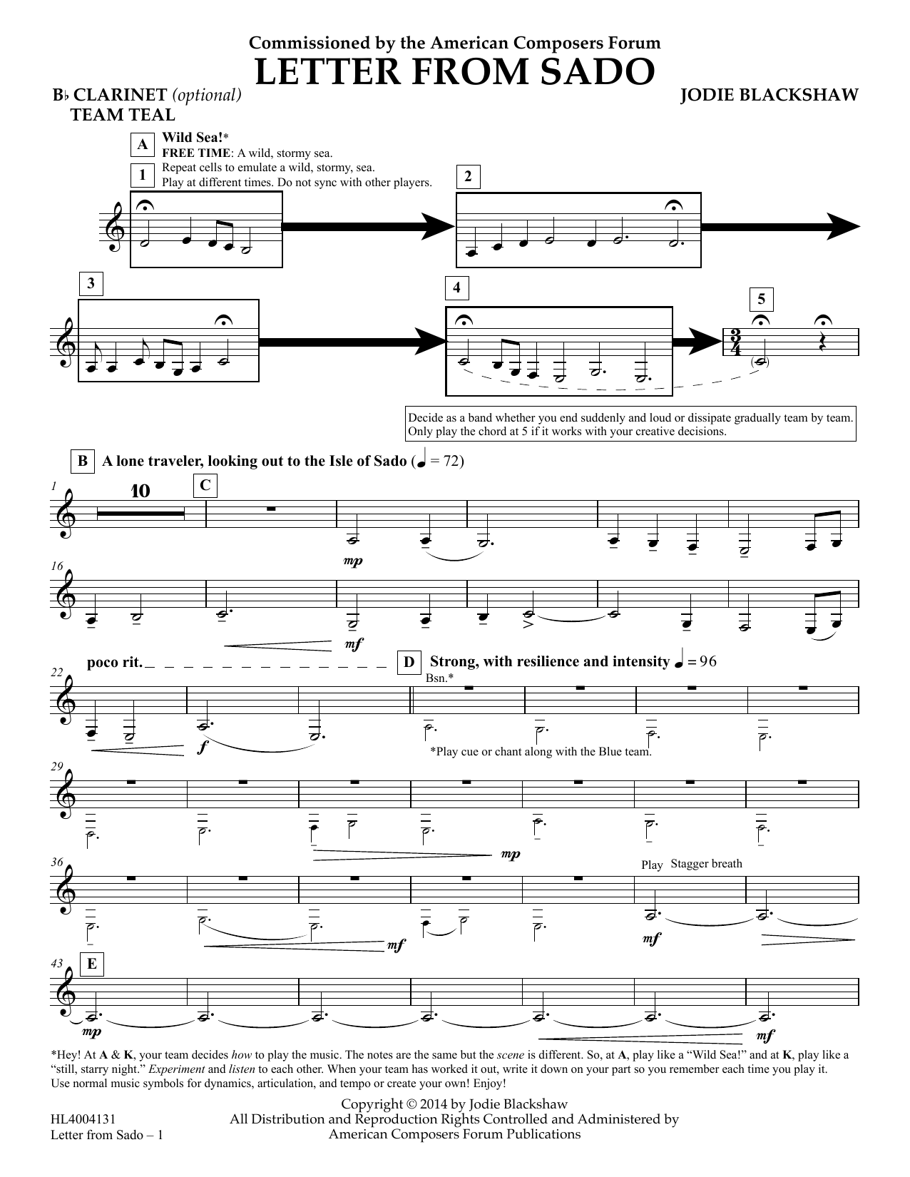 Jodie Blackshaw Letter from Sado - Bb Clarinet (opt) Team Teal Sheet Music Notes & Chords for Concert Band - Download or Print PDF