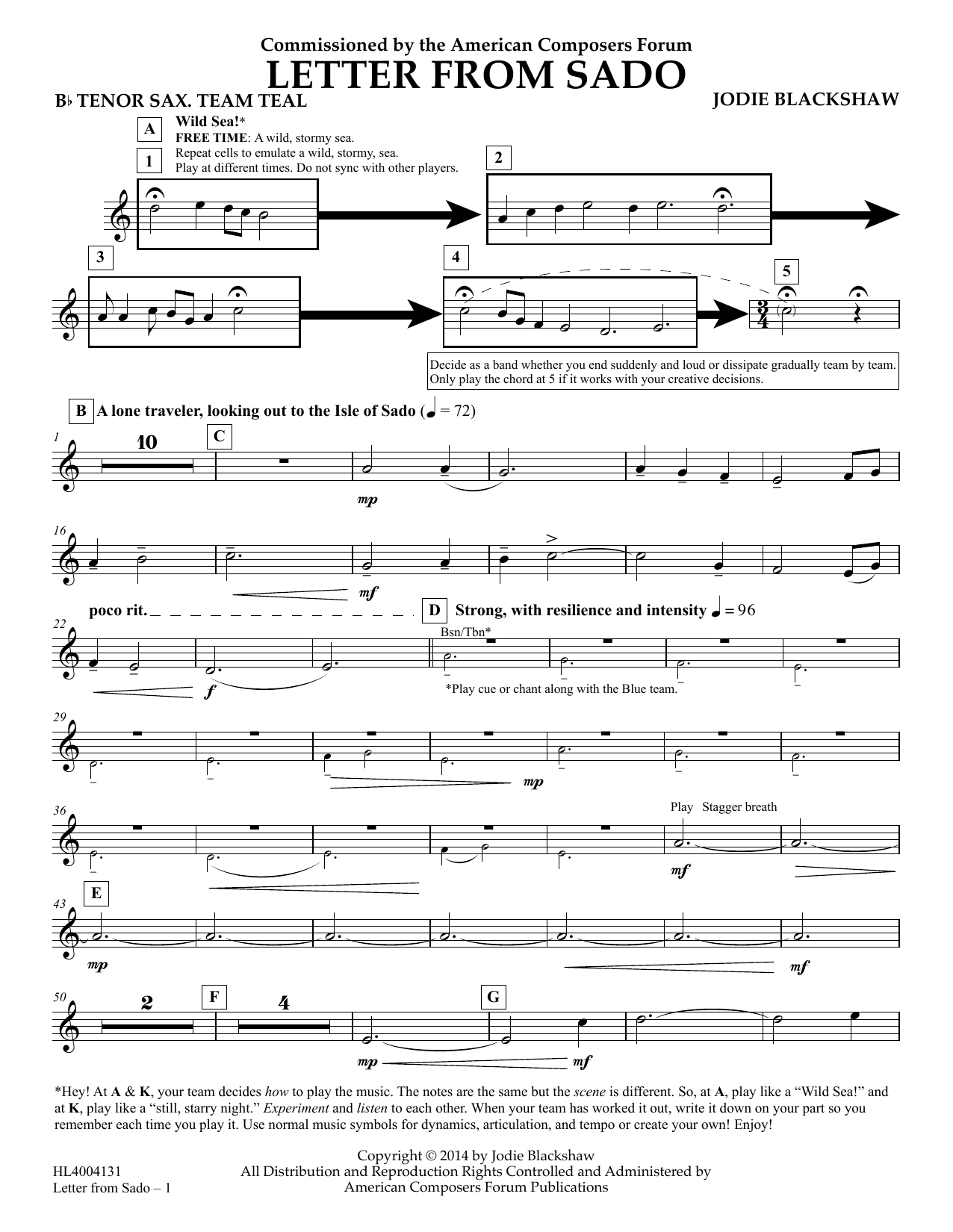 Jodie Blackshaw Letter from Sado - Bb Tenor Saxophone Team Teal Sheet Music Notes & Chords for Concert Band - Download or Print PDF