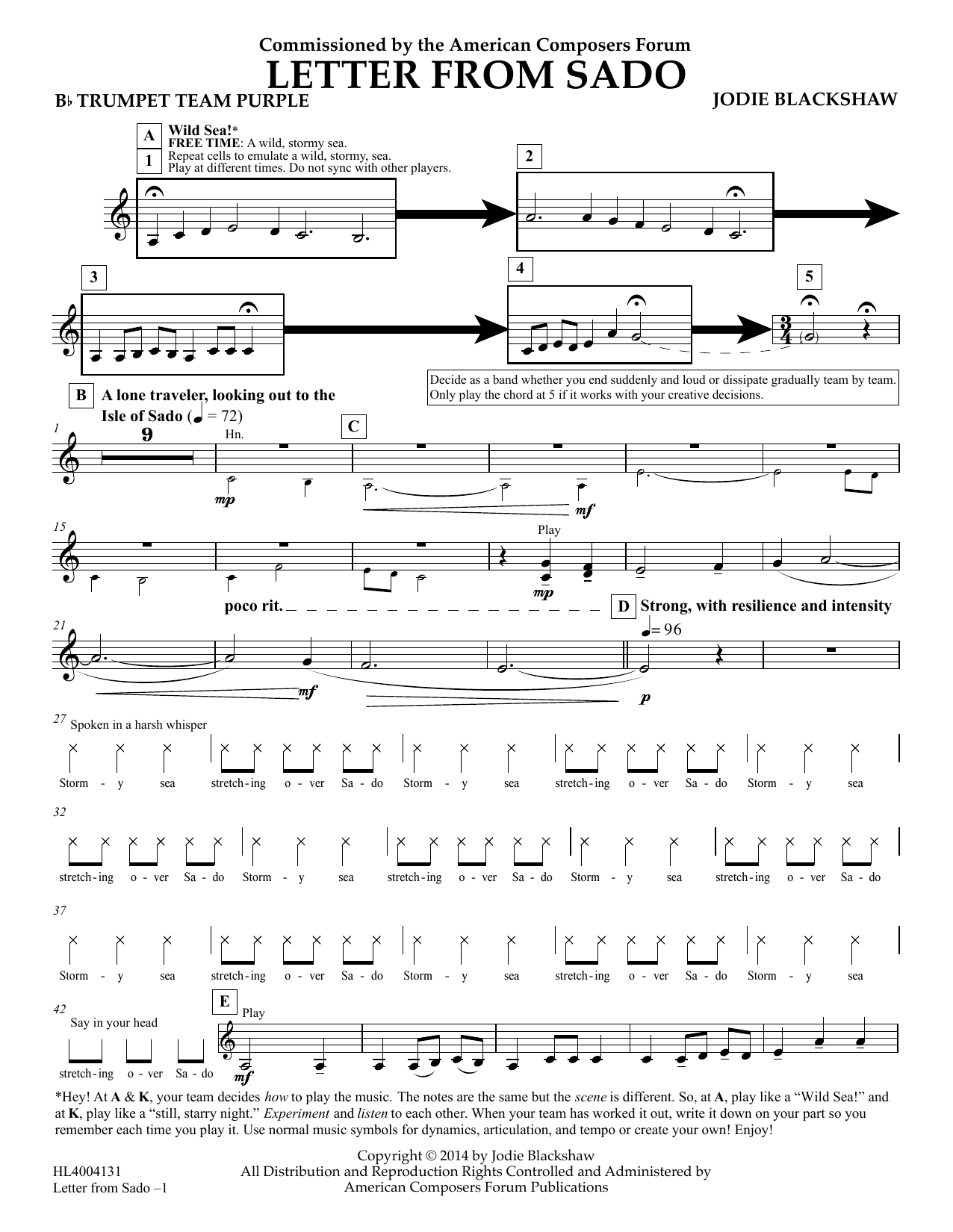 Jodie Blackshaw Letter from Sado - Bb Trumpet Team Purple Sheet Music Notes & Chords for Concert Band - Download or Print PDF
