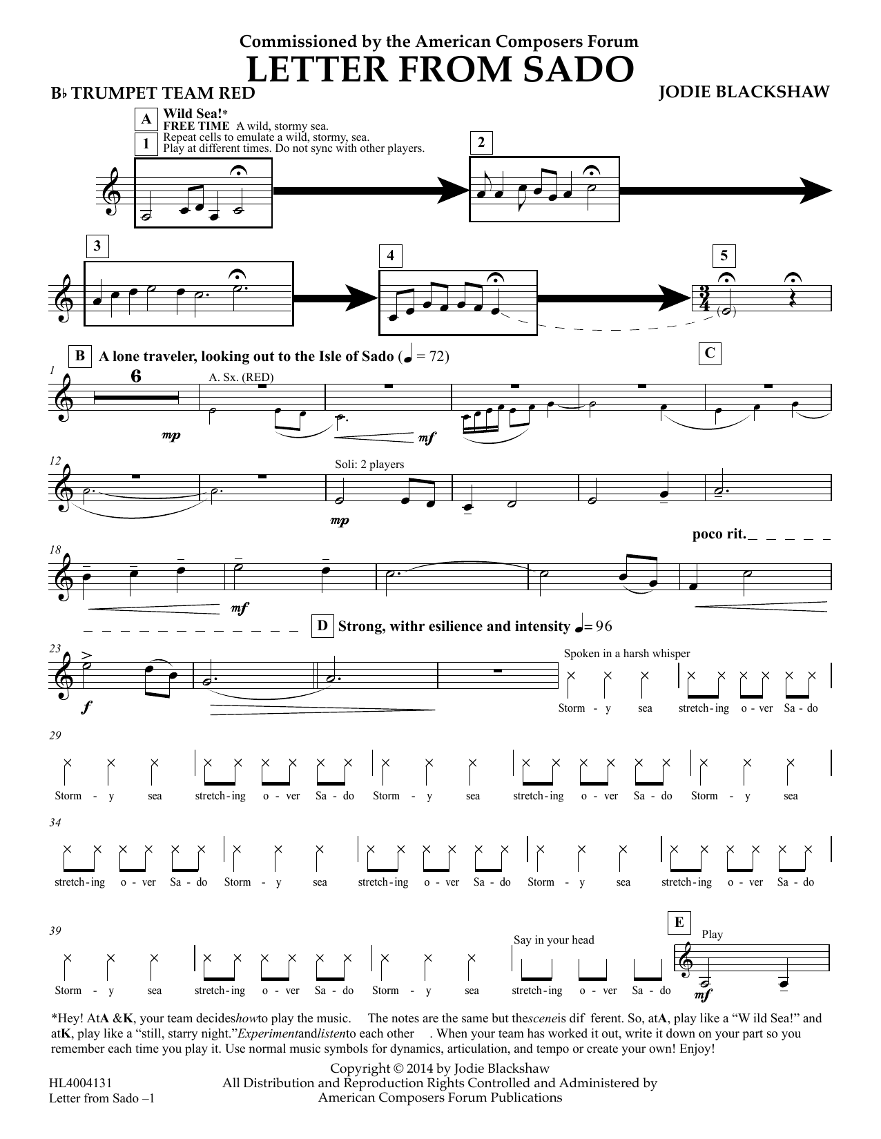 Jodie Blackshaw Letter from Sado - Bb Trumpet Team Red Sheet Music Notes & Chords for Concert Band - Download or Print PDF