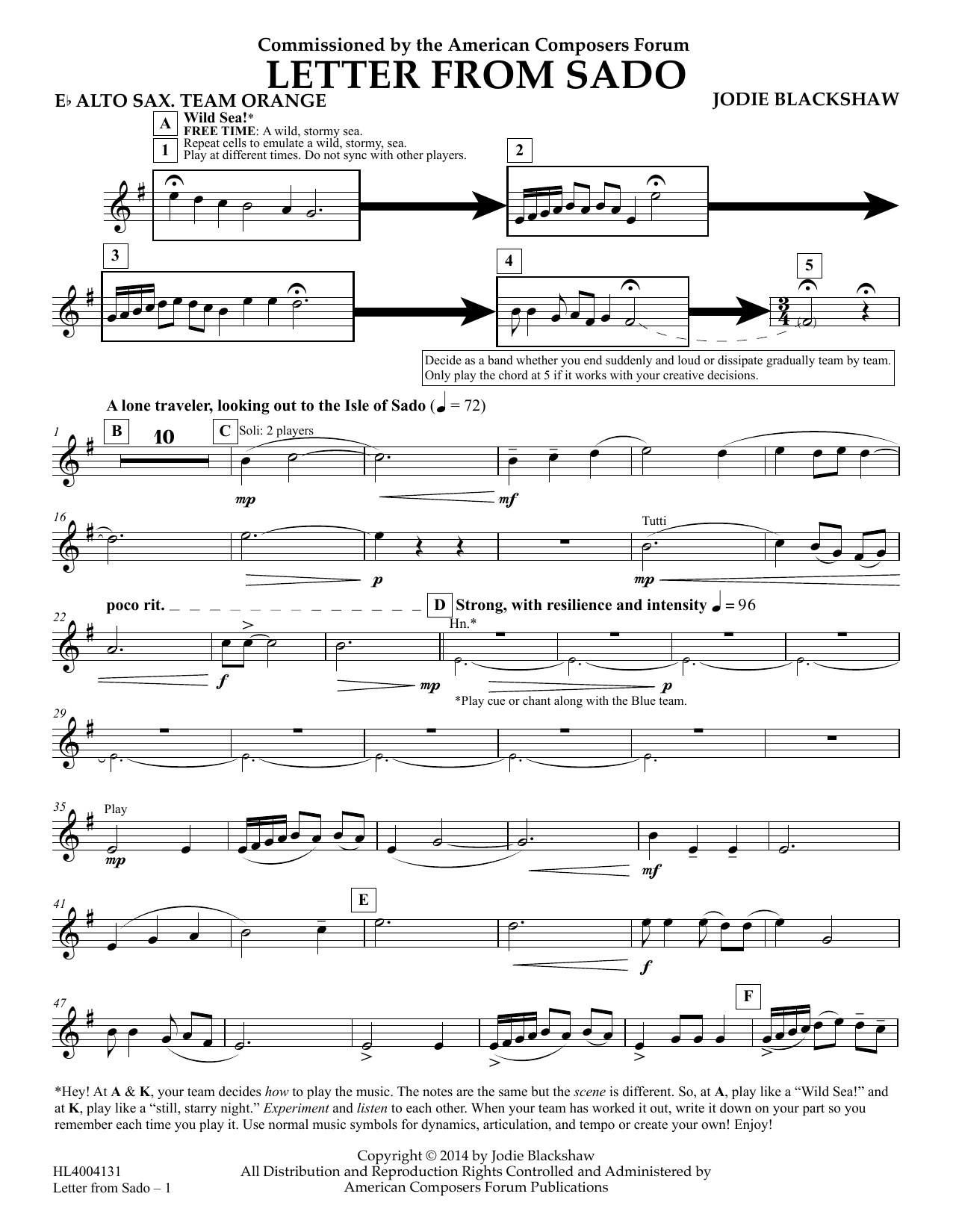 Jodie Blackshaw Letter from Sado - Eb Alto Saxophone Team Orange Sheet Music Notes & Chords for Concert Band - Download or Print PDF