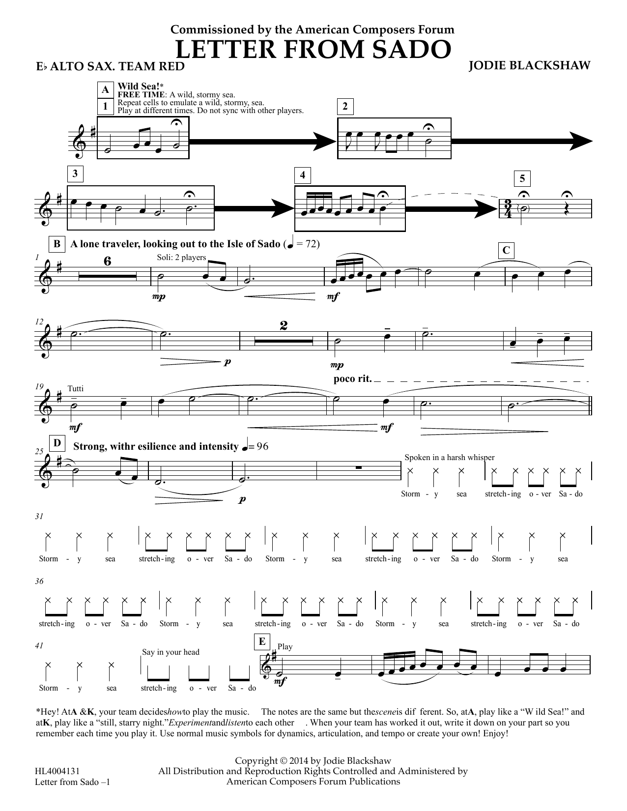 Jodie Blackshaw Letter from Sado - Eb Alto Saxophone Team Red Sheet Music Notes & Chords for Concert Band - Download or Print PDF