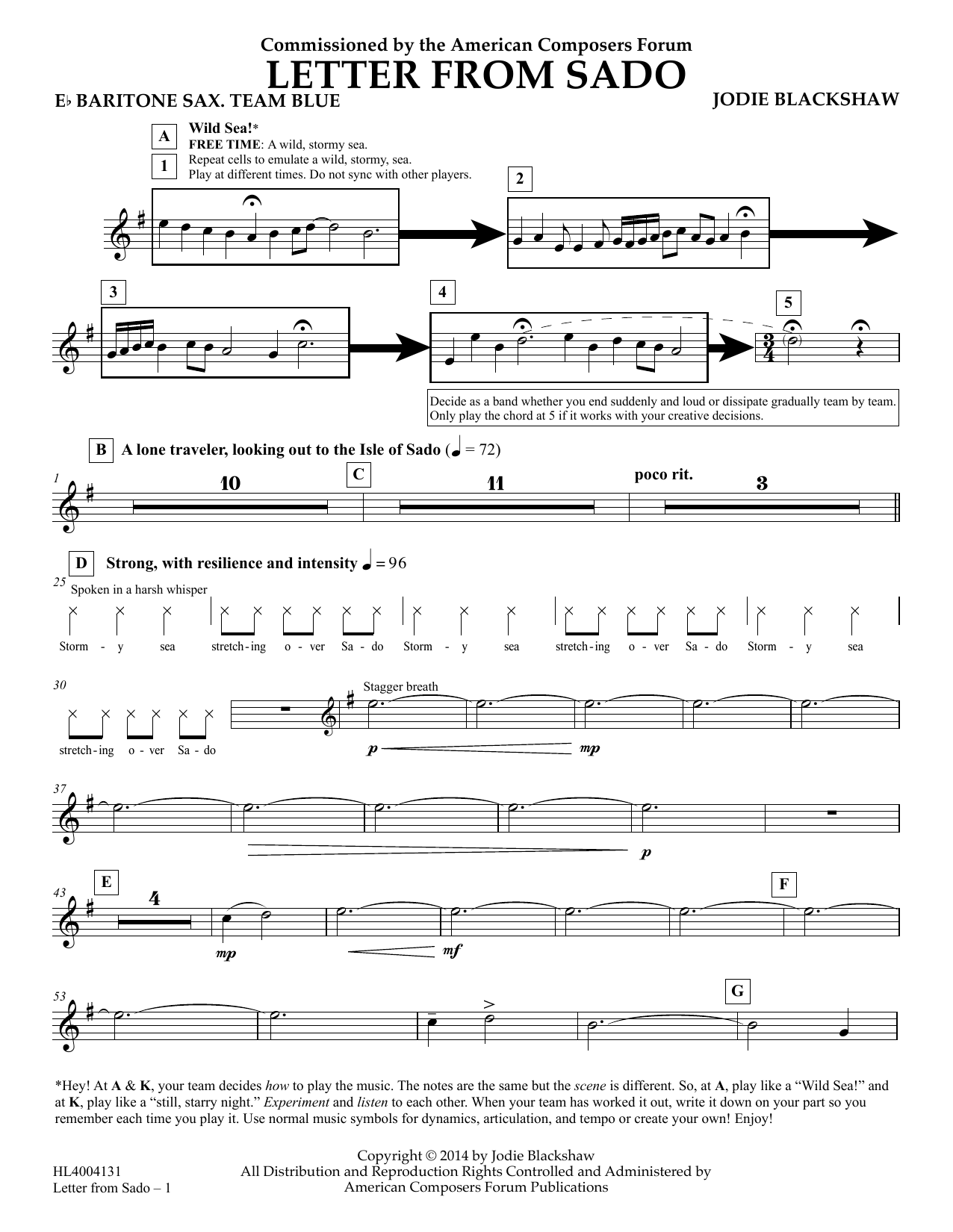 Jodie Blackshaw Letter from Sado - Eb Baritone Sax Team Blue Sheet Music Notes & Chords for Concert Band - Download or Print PDF