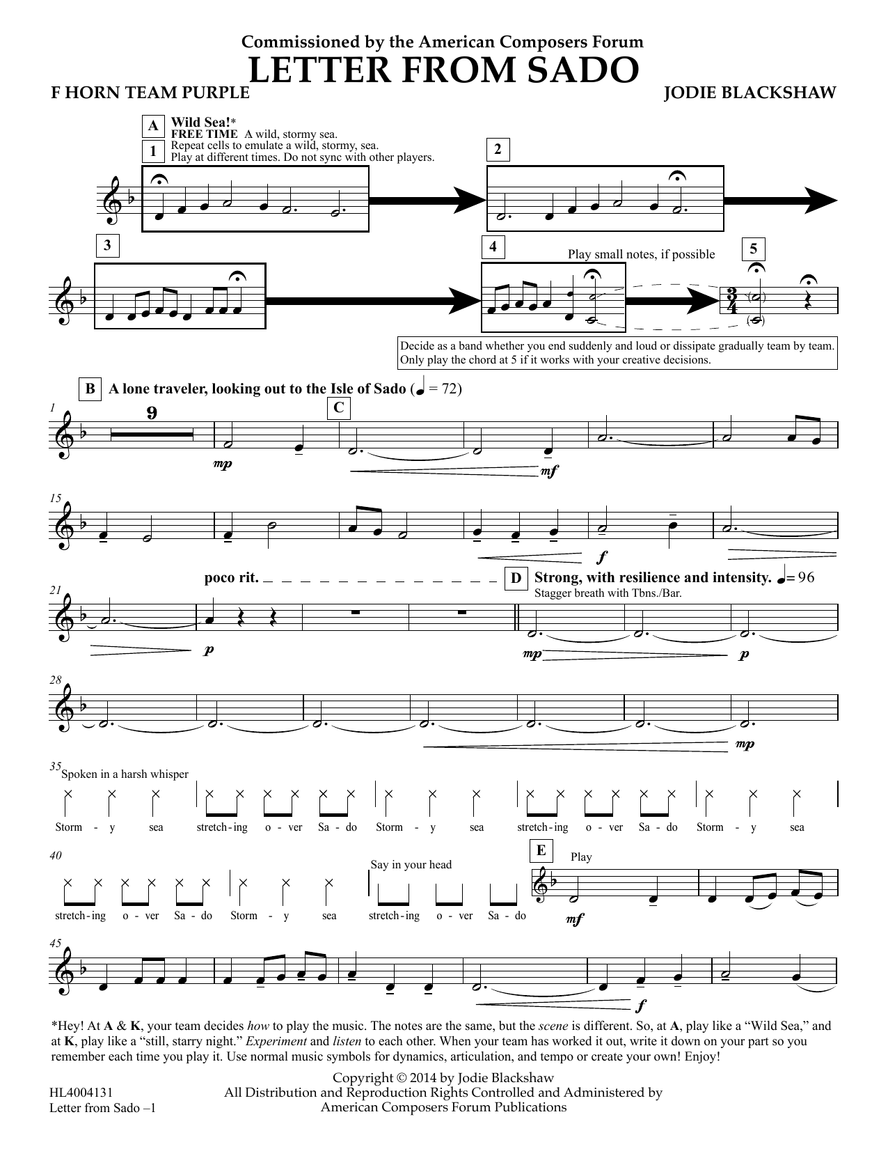 Jodie Blackshaw Letter from Sado - F Horn Team Purple Sheet Music Notes & Chords for Concert Band - Download or Print PDF