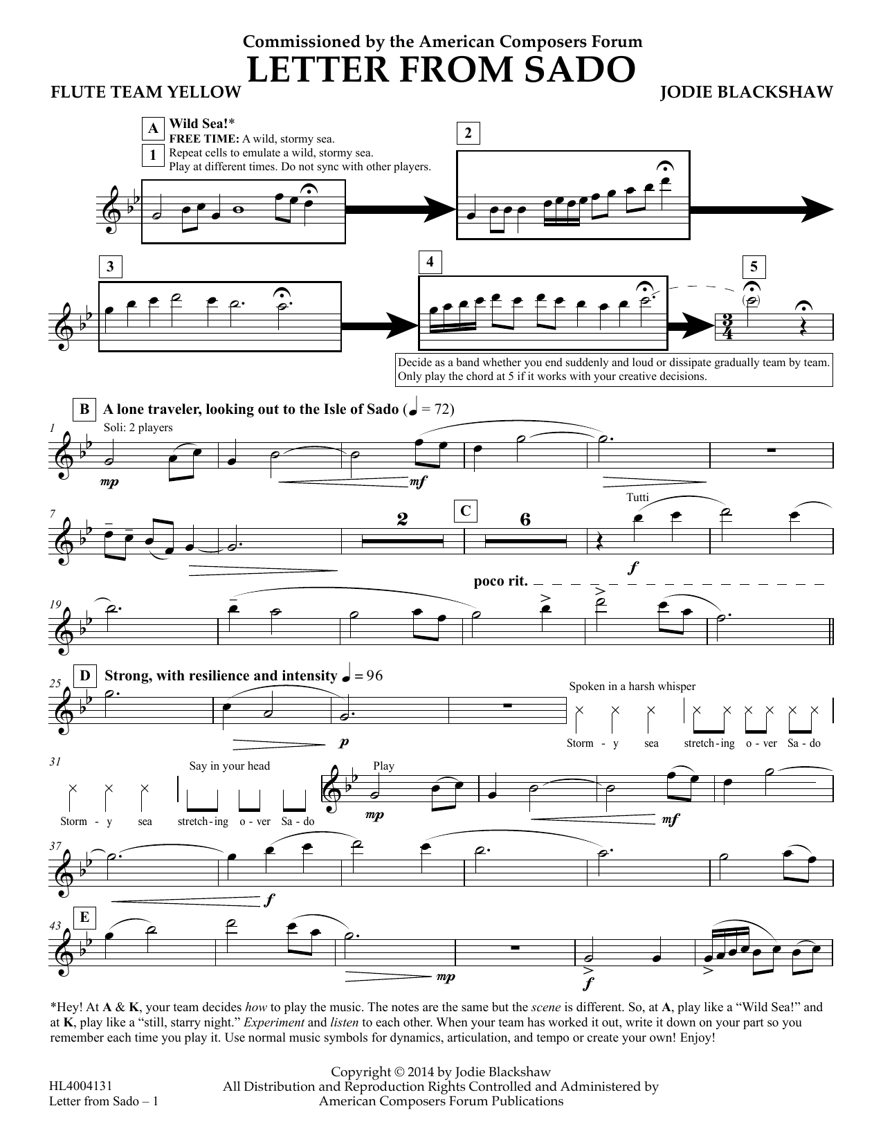 Jodie Blackshaw Letter from Sado - Flute Team Yellow Sheet Music Notes & Chords for Concert Band - Download or Print PDF
