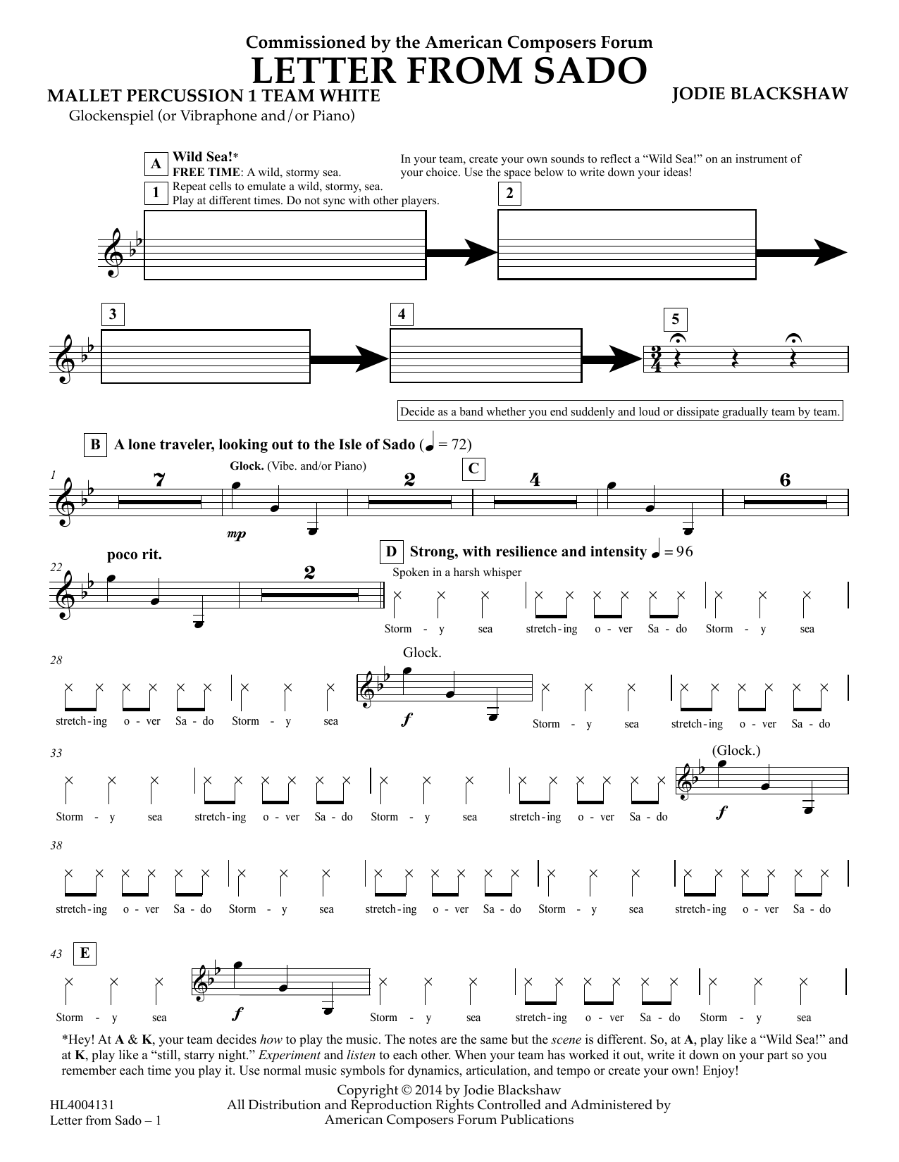 Jodie Blackshaw Letter from Sado - Mallet Perc 1 Bells Team White Sheet Music Notes & Chords for Concert Band - Download or Print PDF