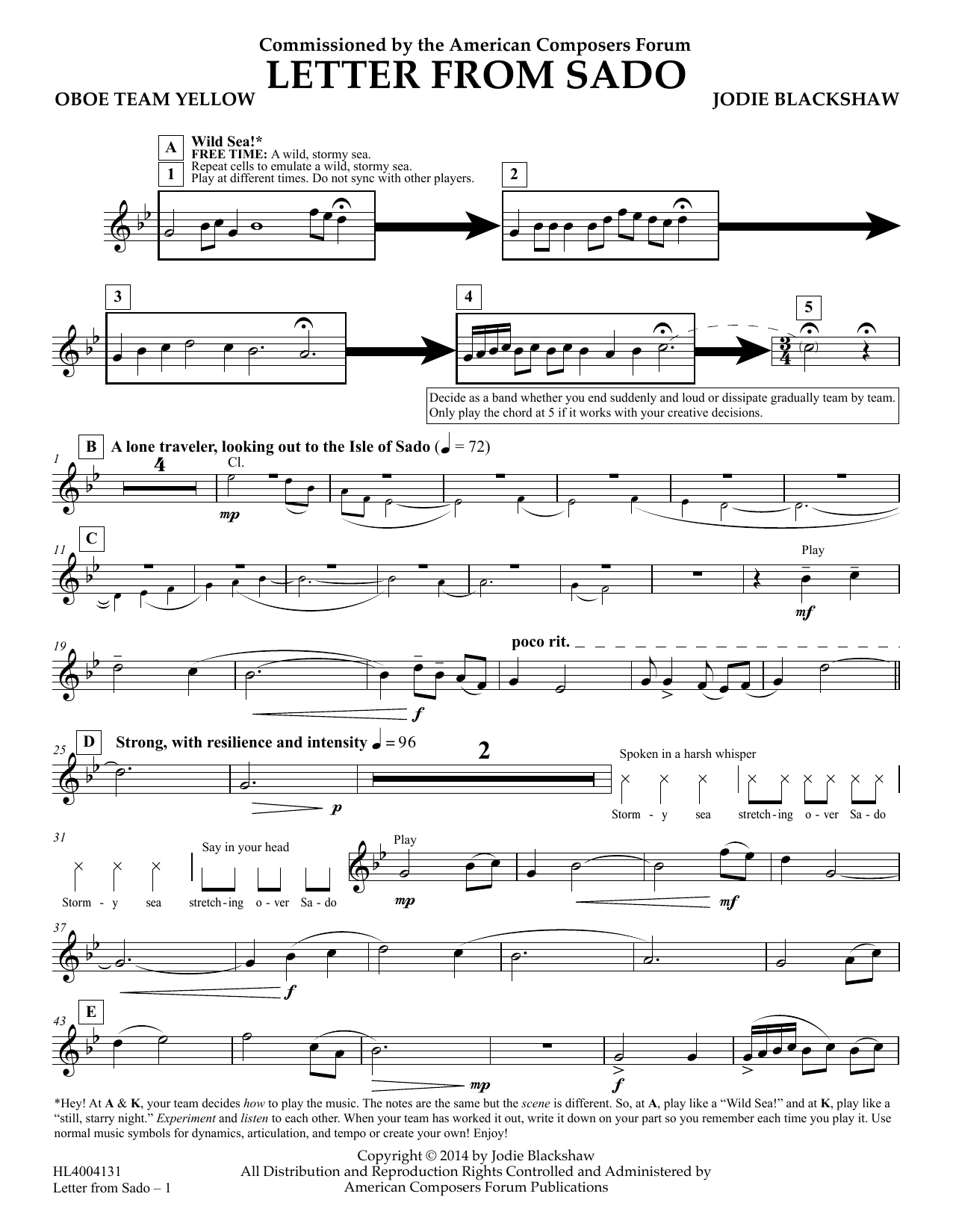Jodie Blackshaw Letter from Sado - Oboe Team Yellow Sheet Music Notes & Chords for Concert Band - Download or Print PDF