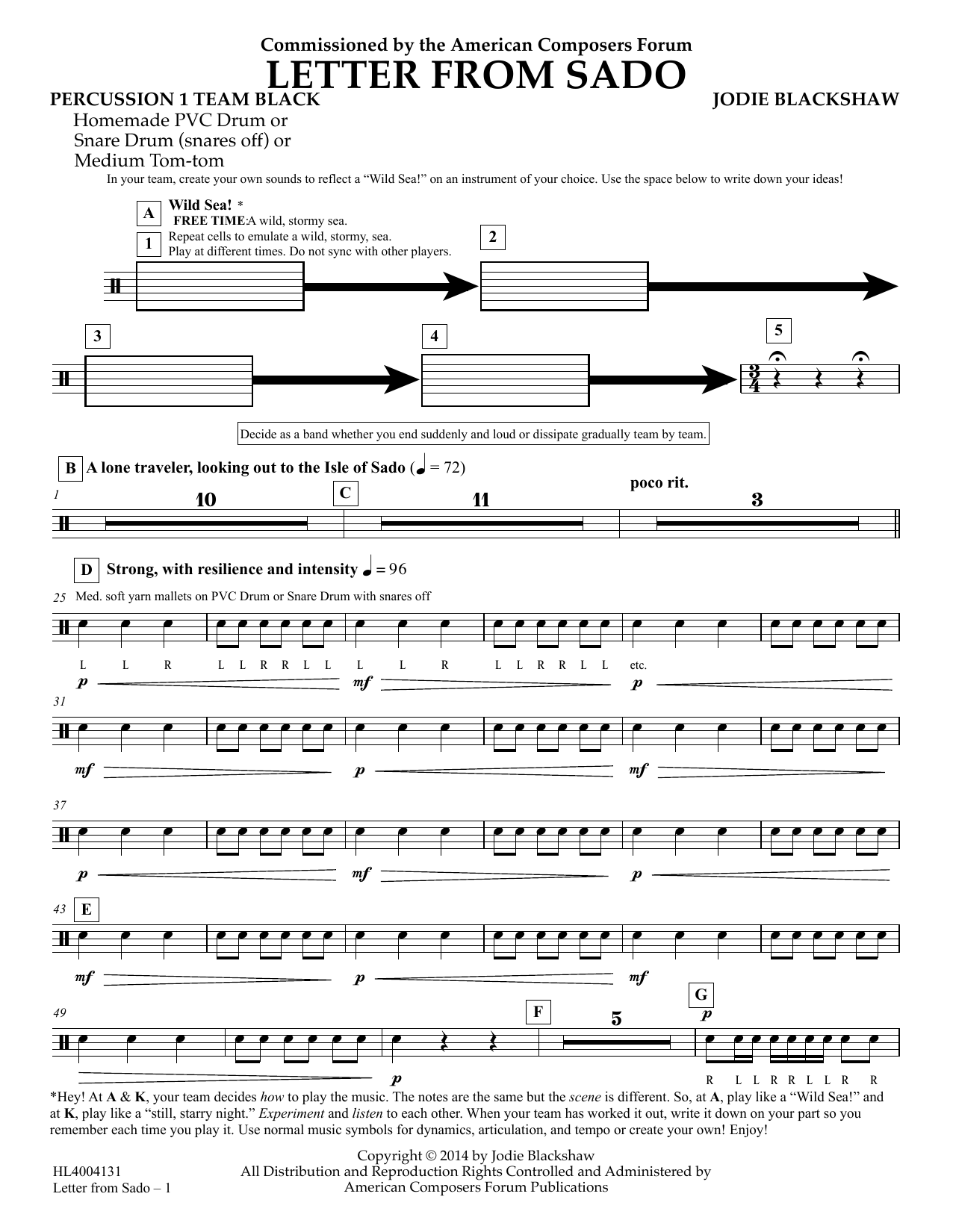 Jodie Blackshaw Letter from Sado - Percussion 1 Team Black Sheet Music Notes & Chords for Concert Band - Download or Print PDF