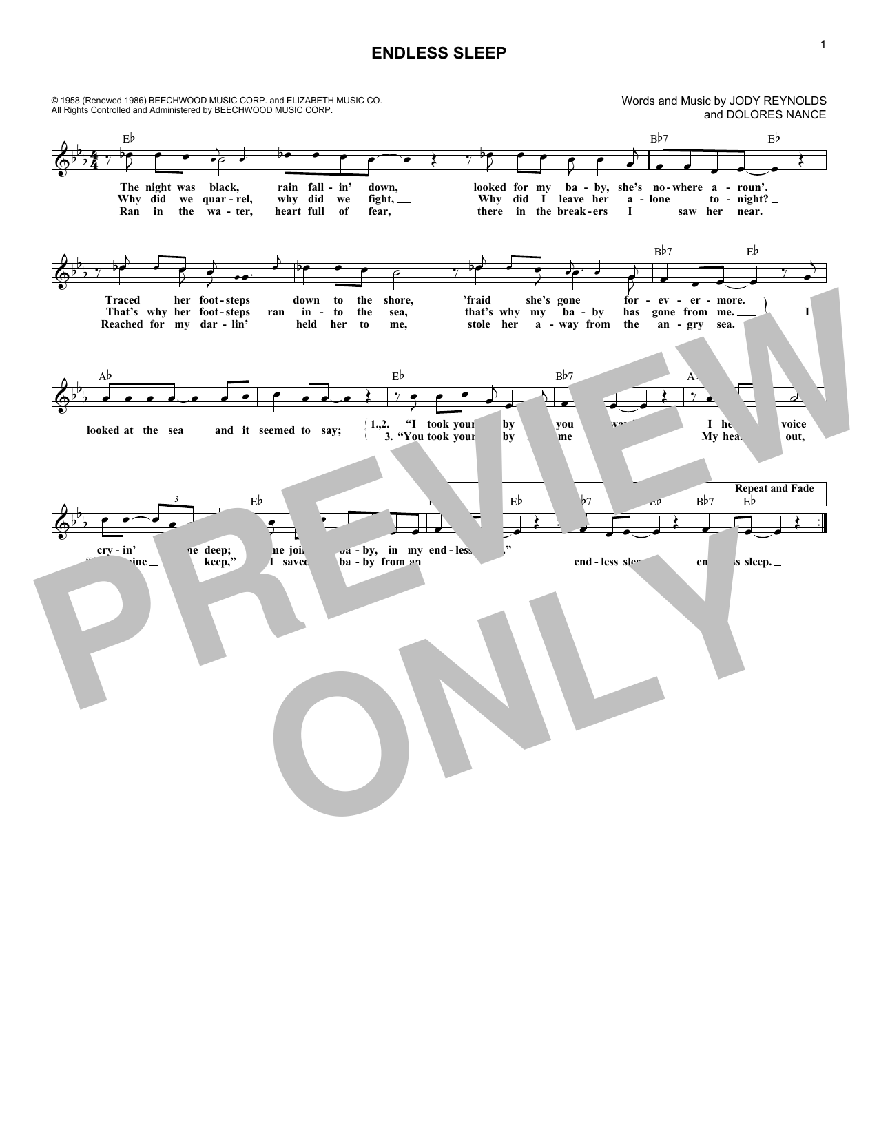 Jody Reynolds Endless Sleep Sheet Music Notes & Chords for Melody Line, Lyrics & Chords - Download or Print PDF