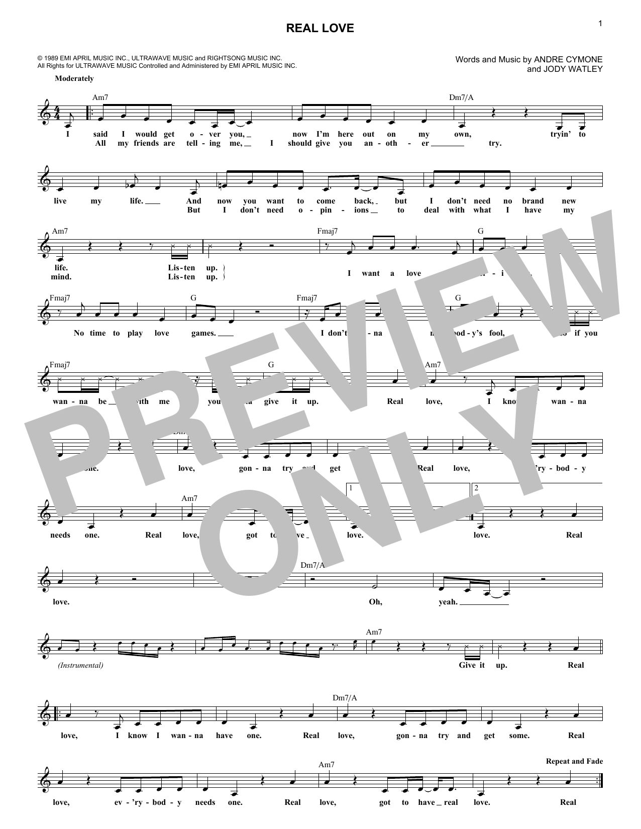 Jody Watley Real Love Sheet Music Notes & Chords for Piano, Vocal & Guitar Chords (Right-Hand Melody) - Download or Print PDF