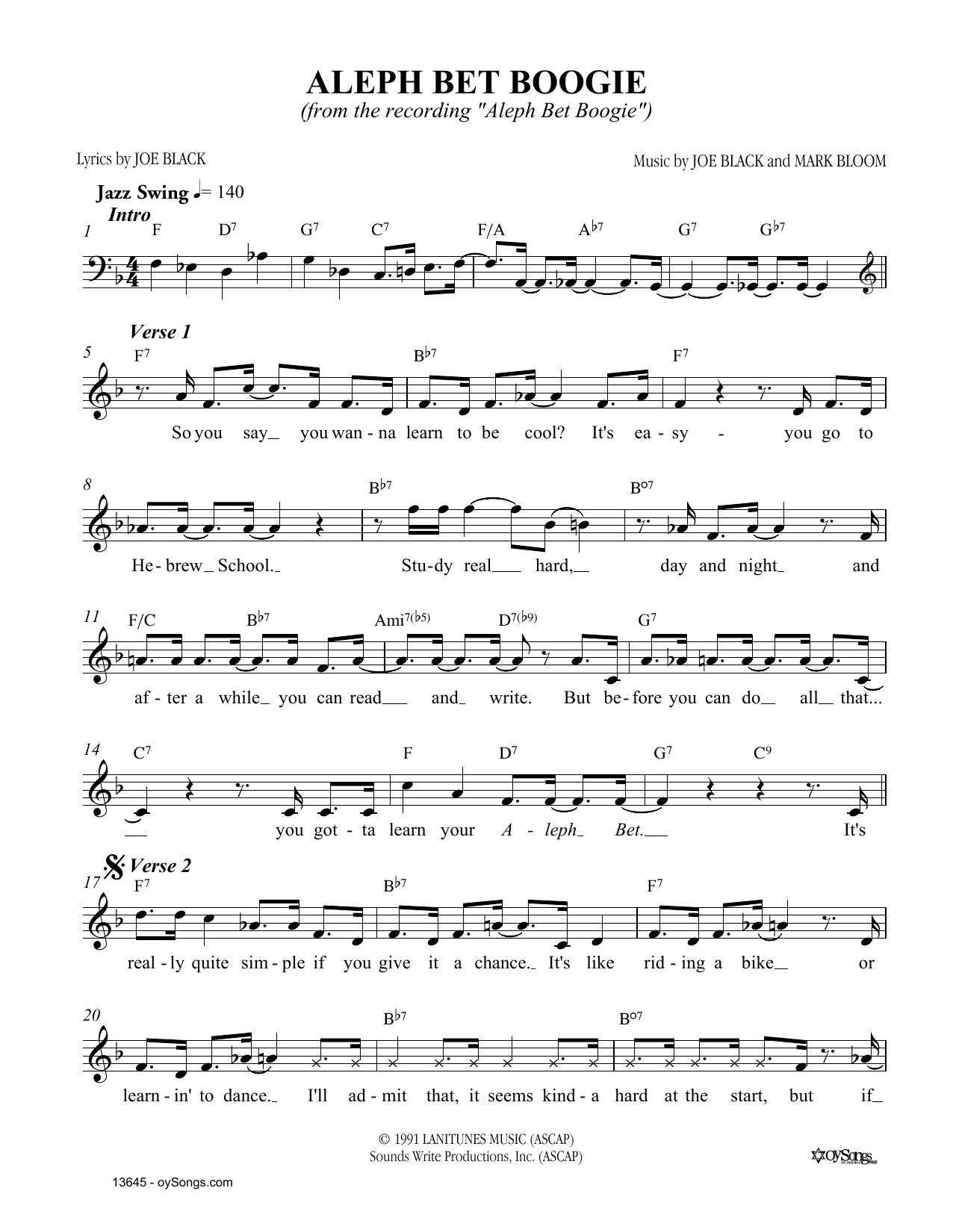 Joe Black Aleph Bet Boogie Sheet Music Notes & Chords for Melody Line, Lyrics & Chords - Download or Print PDF
