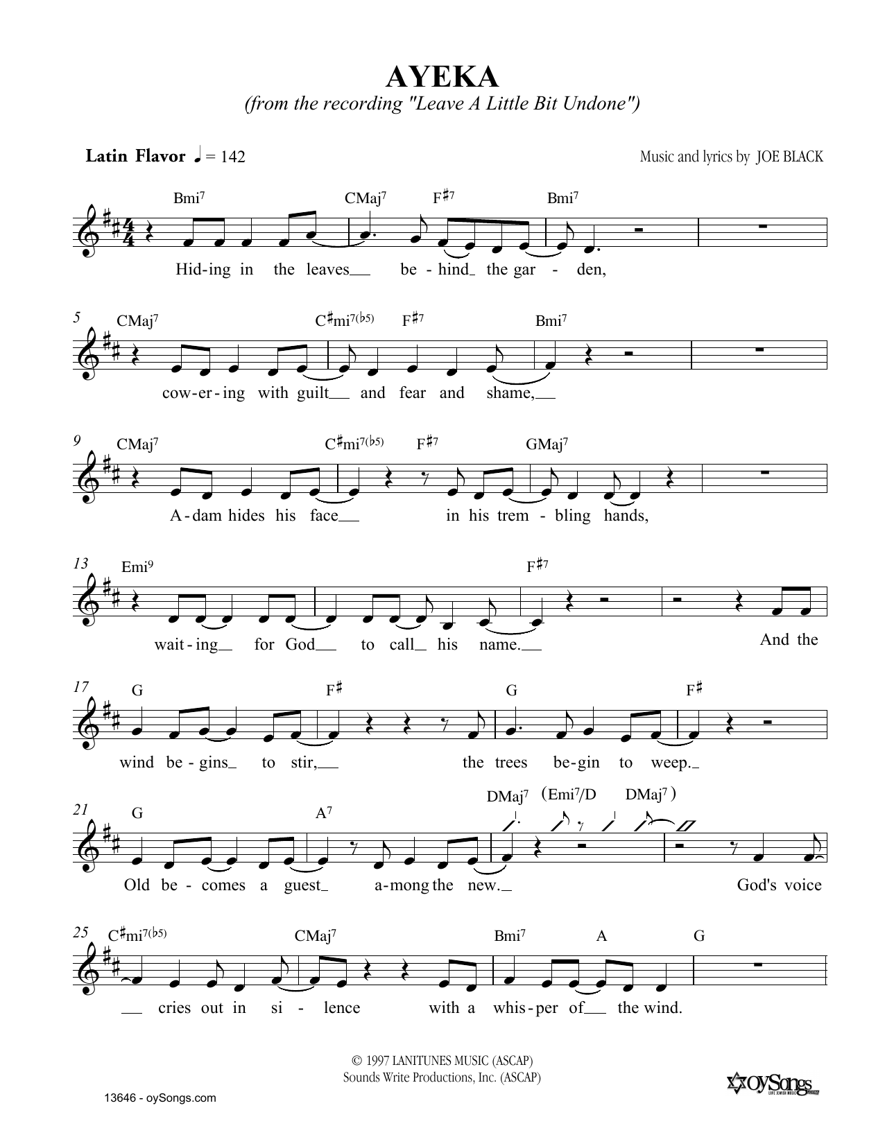 Joe Black Ayeka Sheet Music Notes & Chords for Melody Line, Lyrics & Chords - Download or Print PDF