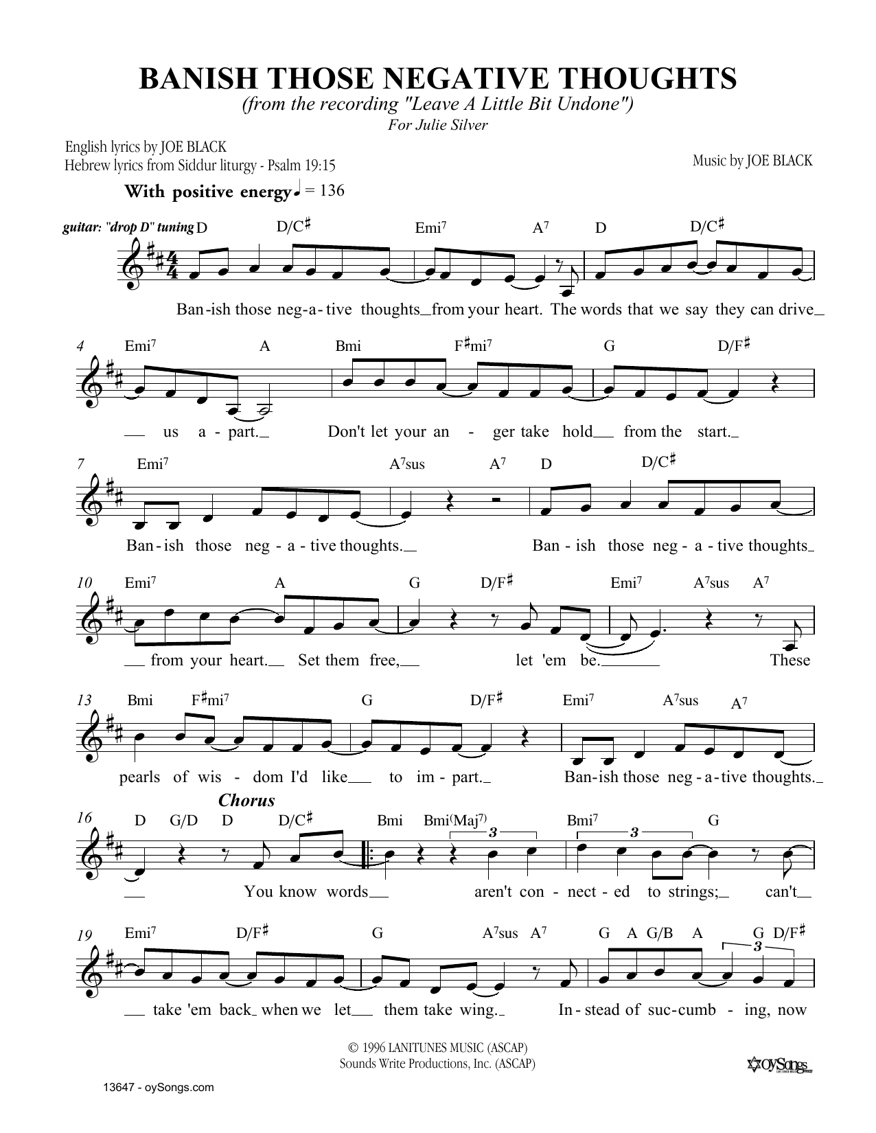 Joe Black Banish Those Negative Thoughts Sheet Music Notes & Chords for Melody Line, Lyrics & Chords - Download or Print PDF