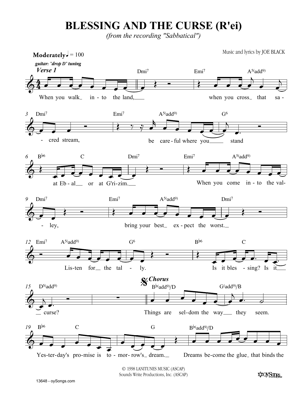 Joe Black Blessing and the Curse Sheet Music Notes & Chords for Melody Line, Lyrics & Chords - Download or Print PDF