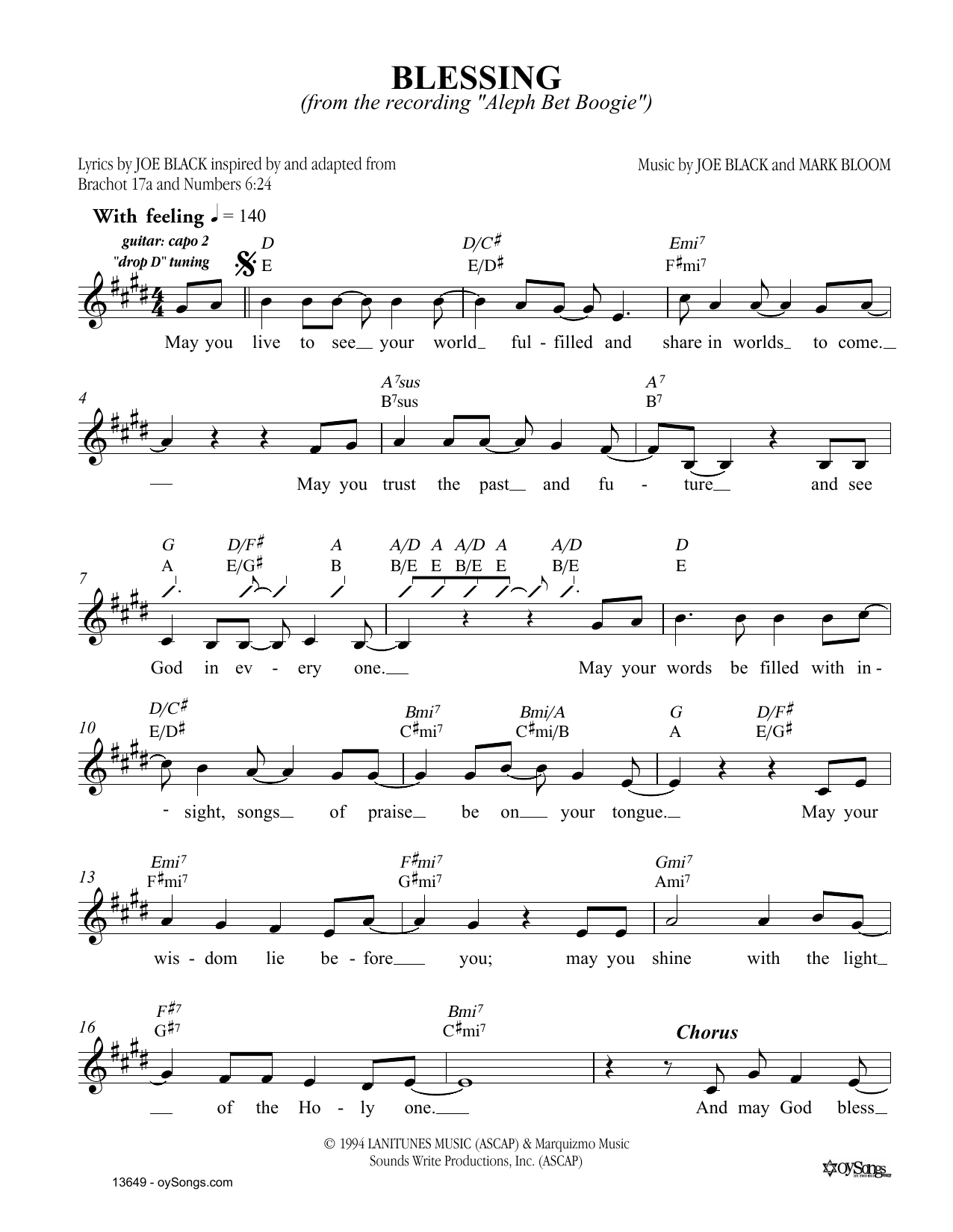 Joe Black Blessing Sheet Music Notes & Chords for Melody Line, Lyrics & Chords - Download or Print PDF