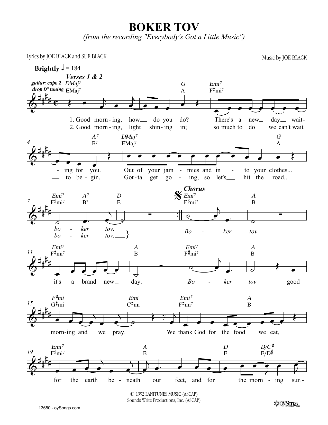 Joe Black Boker Tov Sheet Music Notes & Chords for Melody Line, Lyrics & Chords - Download or Print PDF