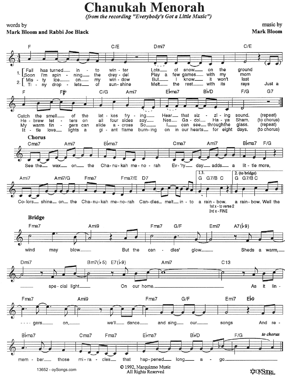 Joe Black Chanukah Menorah Sheet Music Notes & Chords for Melody Line, Lyrics & Chords - Download or Print PDF