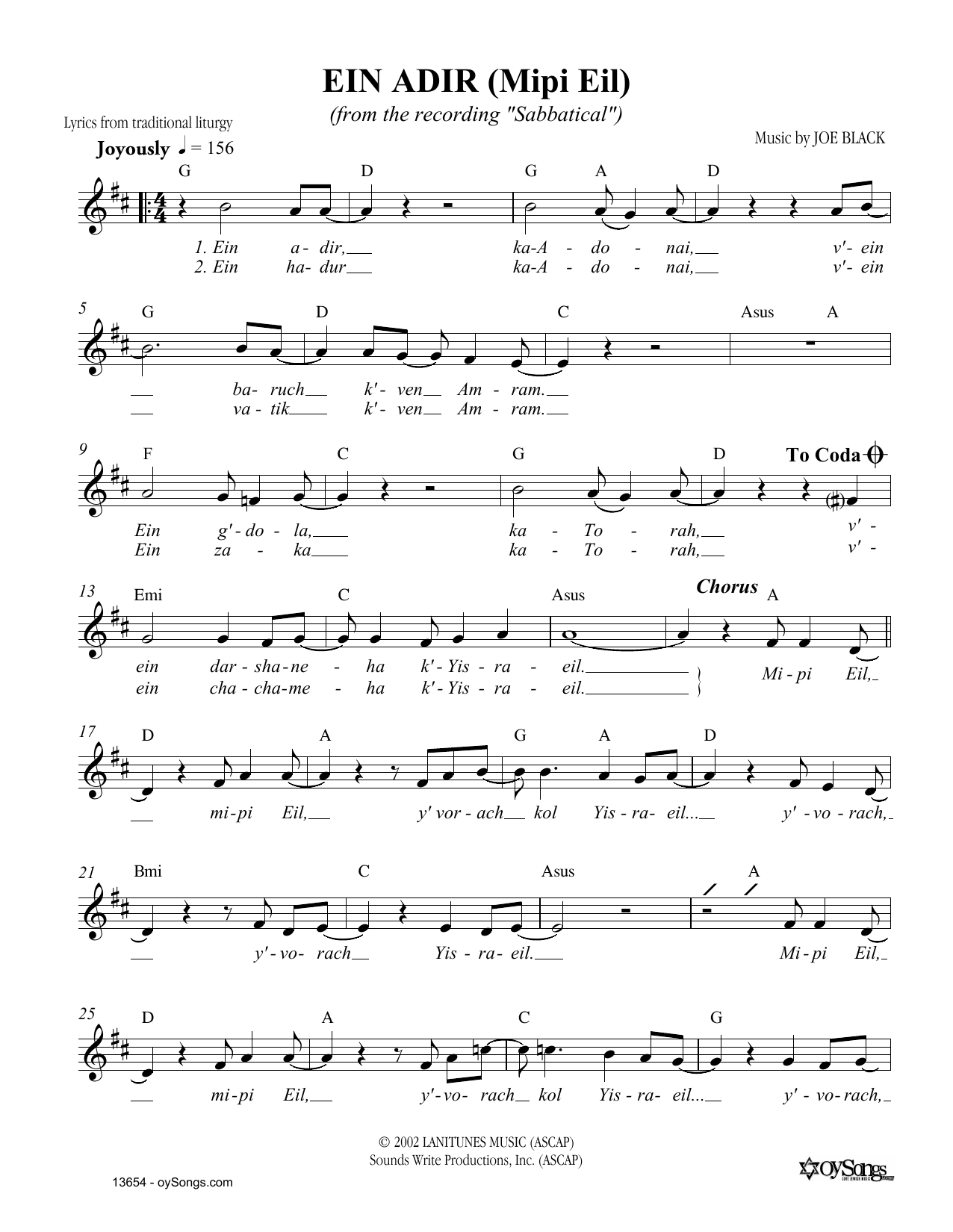 Joe Black Ein Adir Sheet Music Notes & Chords for Melody Line, Lyrics & Chords - Download or Print PDF