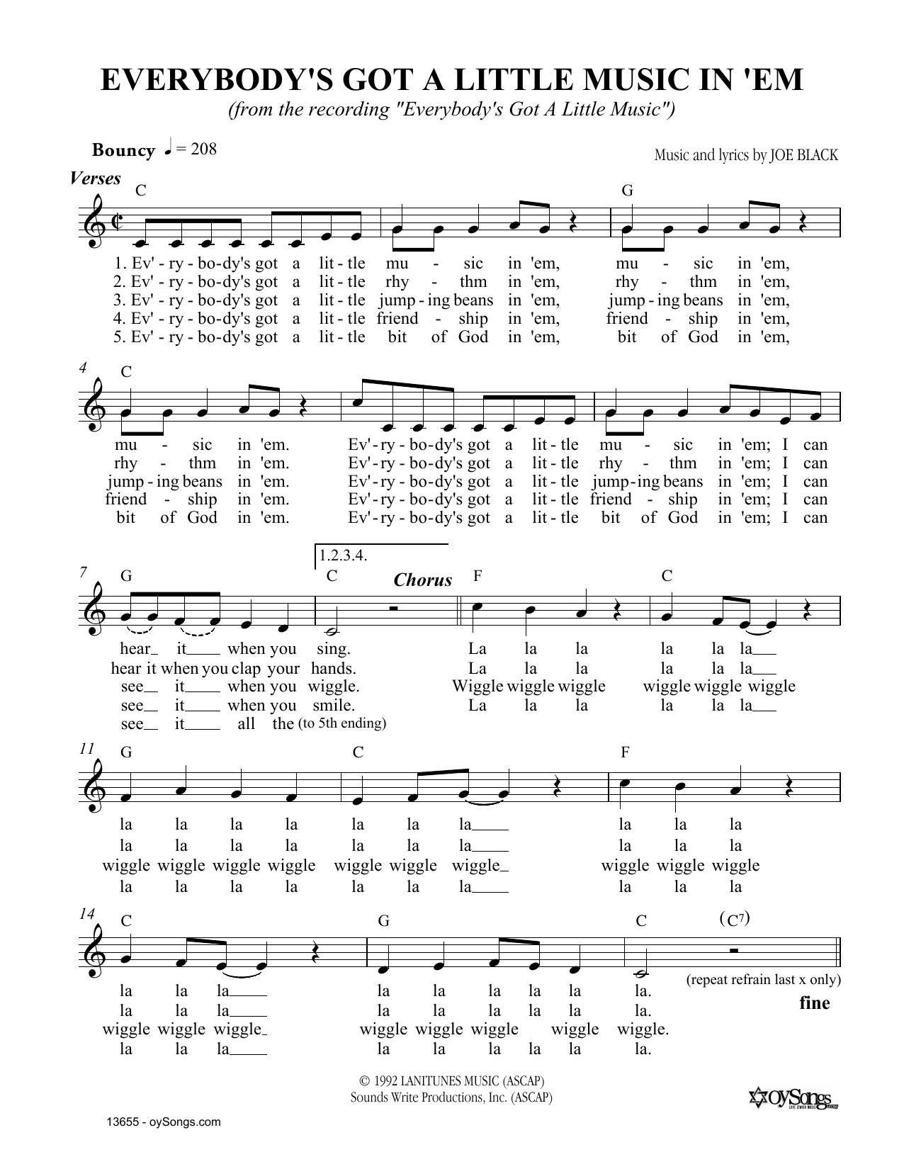 Joe Black Everybody's Got Sheet Music Notes & Chords for Melody Line, Lyrics & Chords - Download or Print PDF