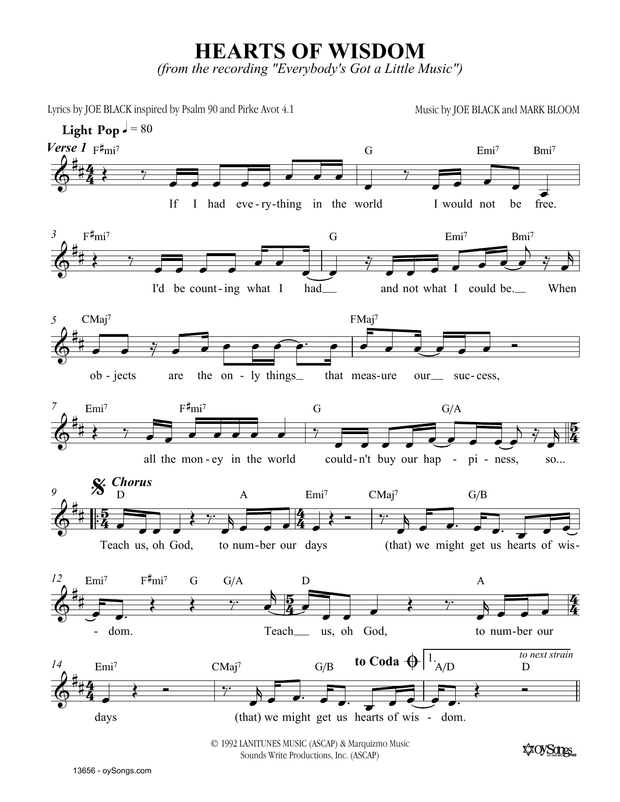 Joe Black Hearts of Wisdom Sheet Music Notes & Chords for Melody Line, Lyrics & Chords - Download or Print PDF