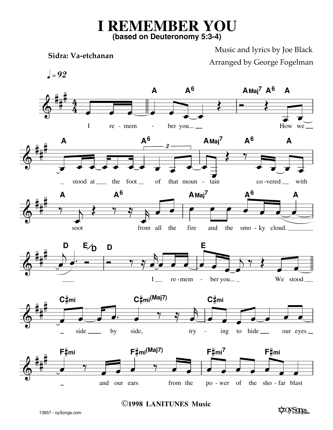 Joe Black I Remember You Sheet Music Notes & Chords for Melody Line, Lyrics & Chords - Download or Print PDF