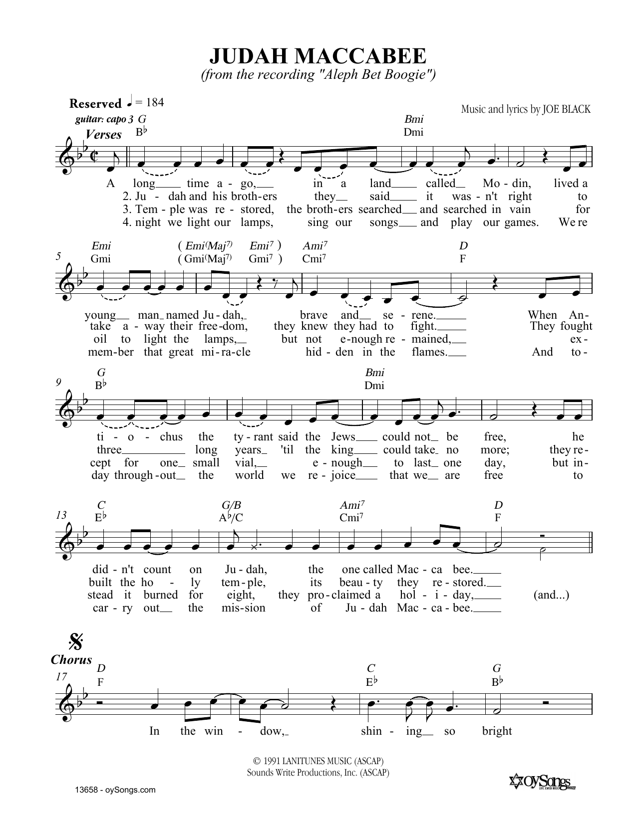 Joe Black Judah Maccabee Sheet Music Notes & Chords for Melody Line, Lyrics & Chords - Download or Print PDF