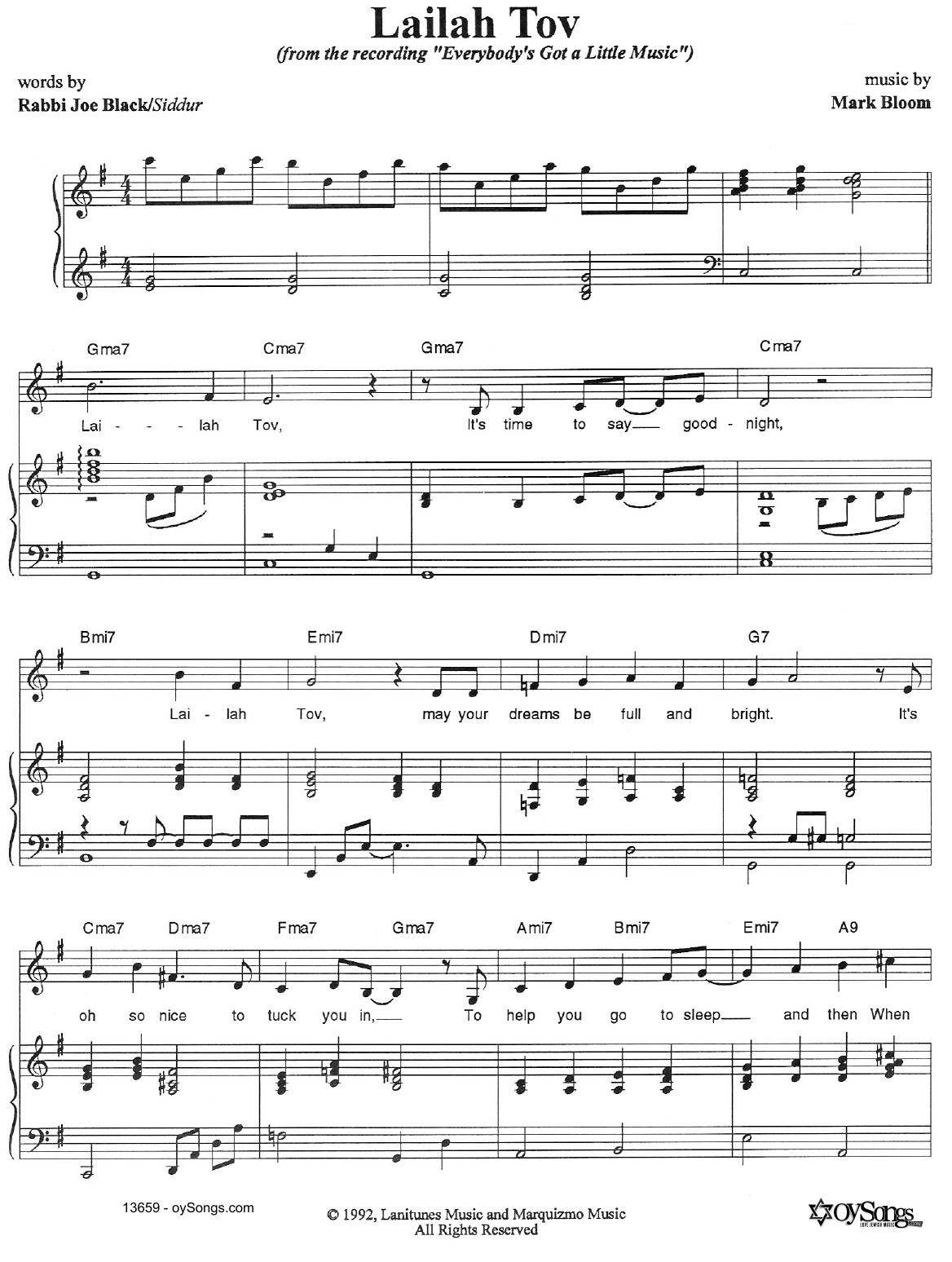 Joe Black Lailah Tov Sheet Music Notes & Chords for Melody Line, Lyrics & Chords - Download or Print PDF