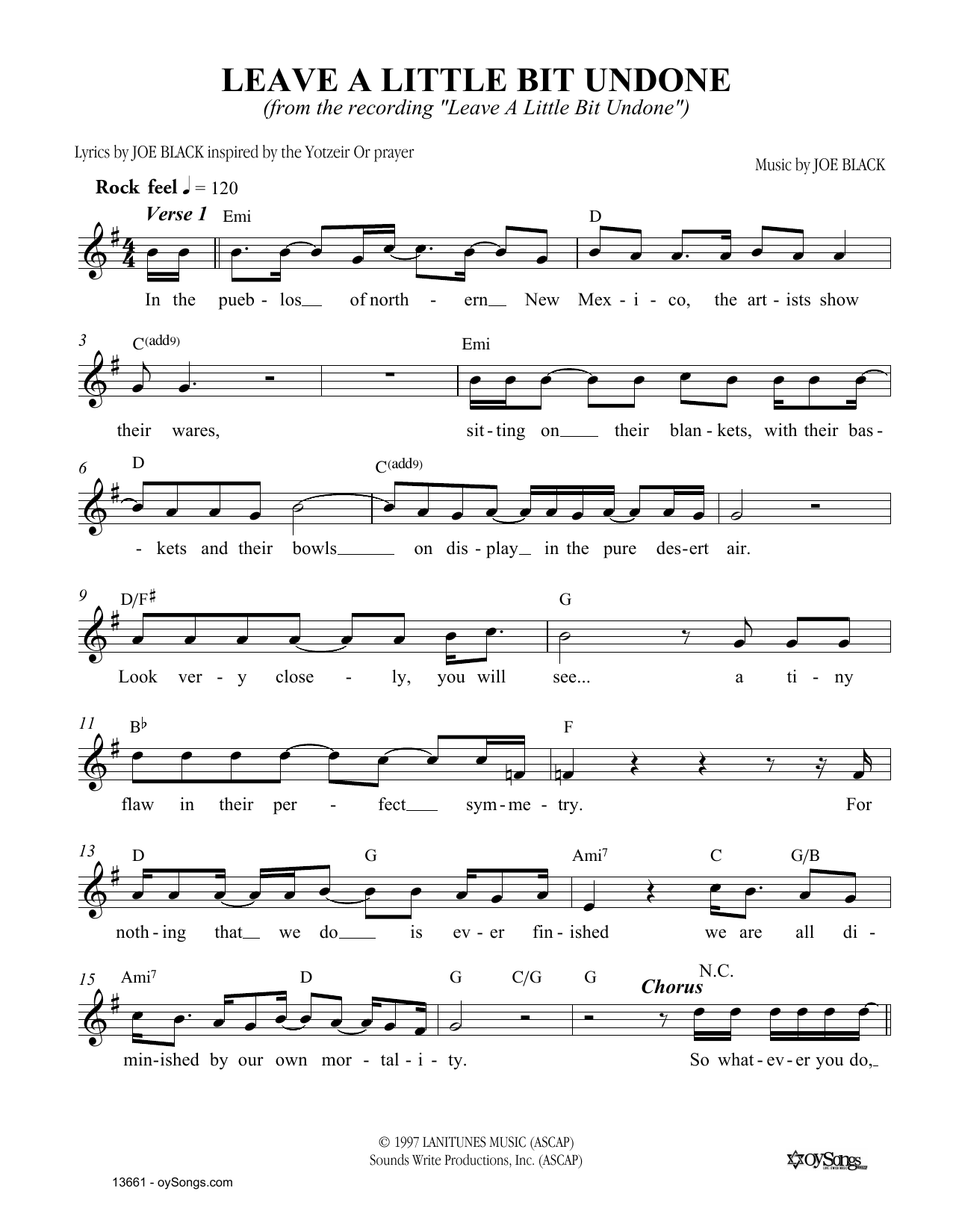 Joe Black Leave A Little Bit Undone Sheet Music Notes & Chords for Melody Line, Lyrics & Chords - Download or Print PDF