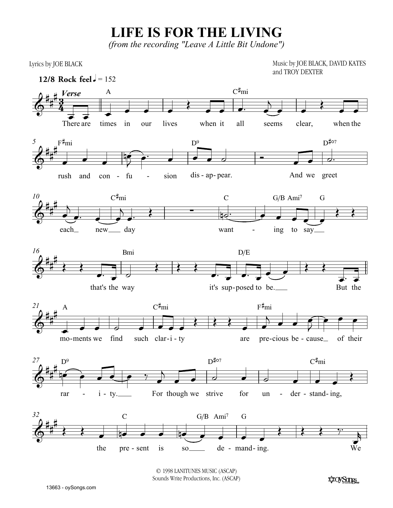 Joe Black Life Is For The Living Sheet Music Notes & Chords for Melody Line, Lyrics & Chords - Download or Print PDF