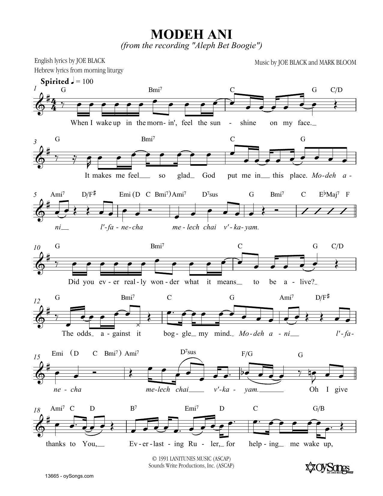 Joe Black Modeh Ani Sheet Music Notes & Chords for Melody Line, Lyrics & Chords - Download or Print PDF