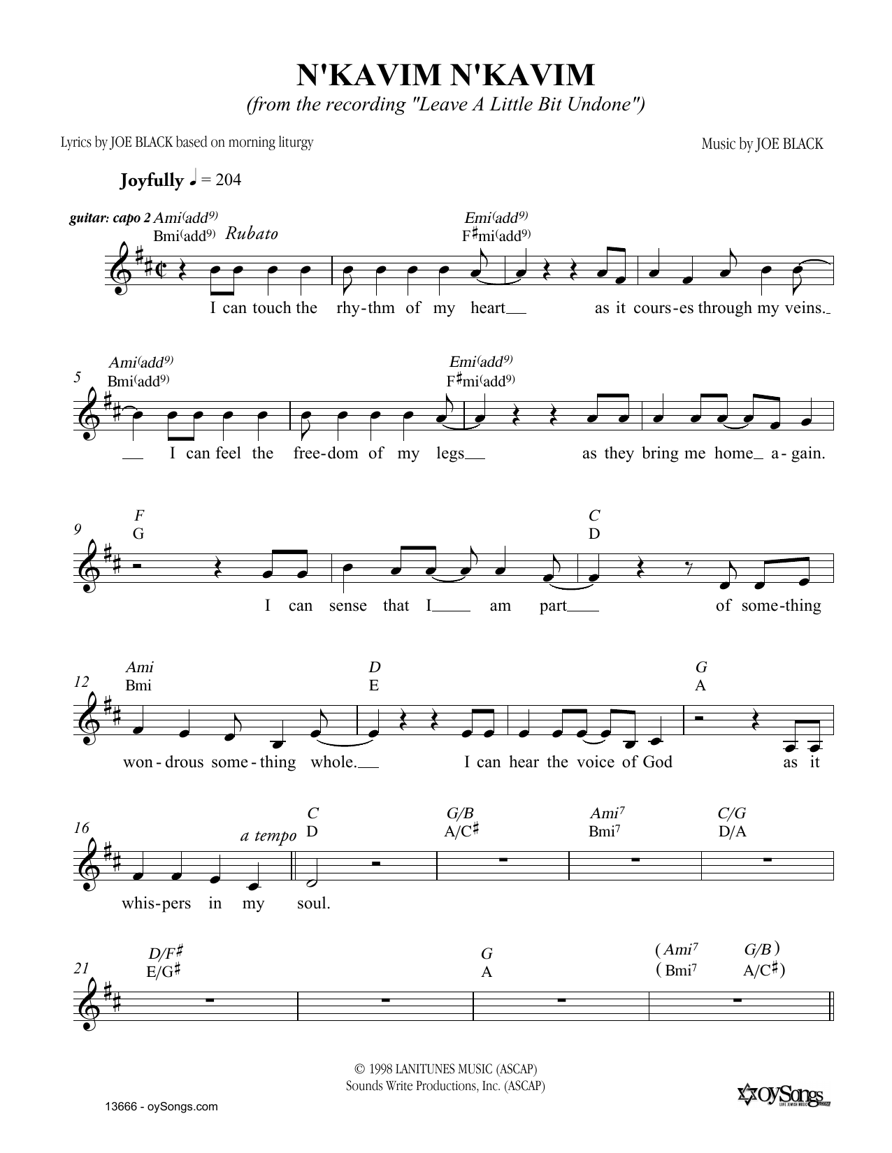 Joe Black N'kavim Sheet Music Notes & Chords for Melody Line, Lyrics & Chords - Download or Print PDF