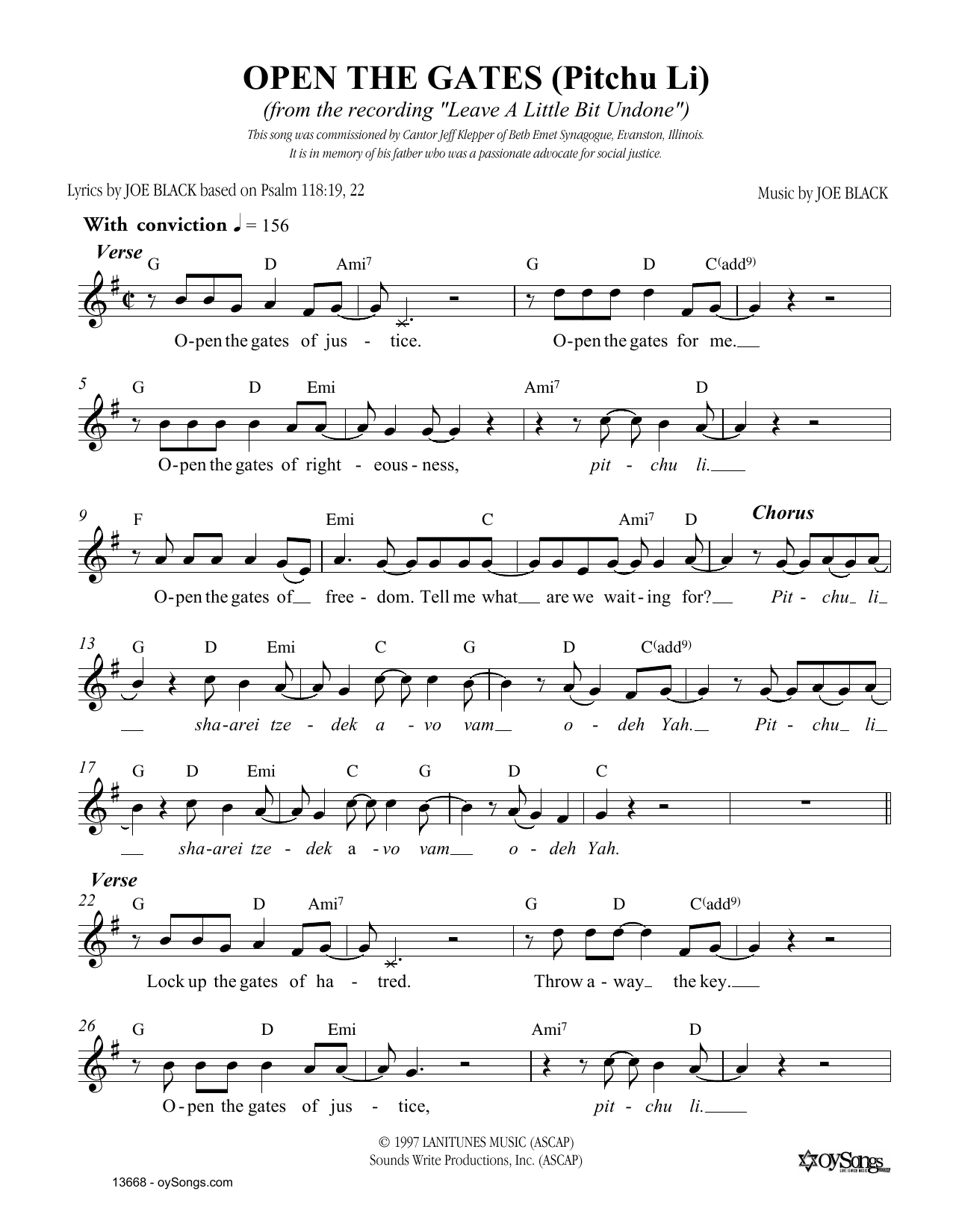Joe Black Open The Gates Sheet Music Notes & Chords for Melody Line, Lyrics & Chords - Download or Print PDF