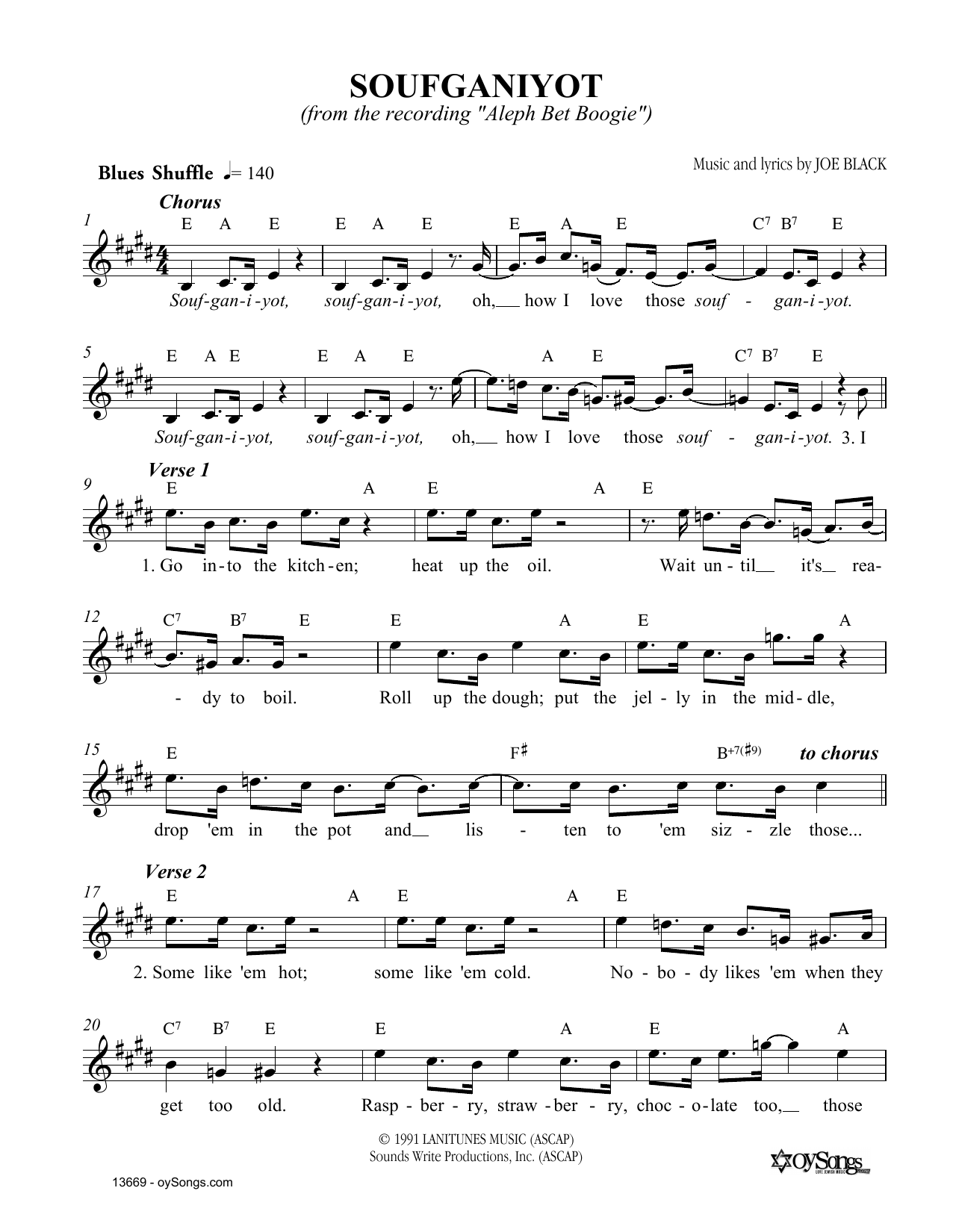 Joe Black Soufganiyot Sheet Music Notes & Chords for Melody Line, Lyrics & Chords - Download or Print PDF