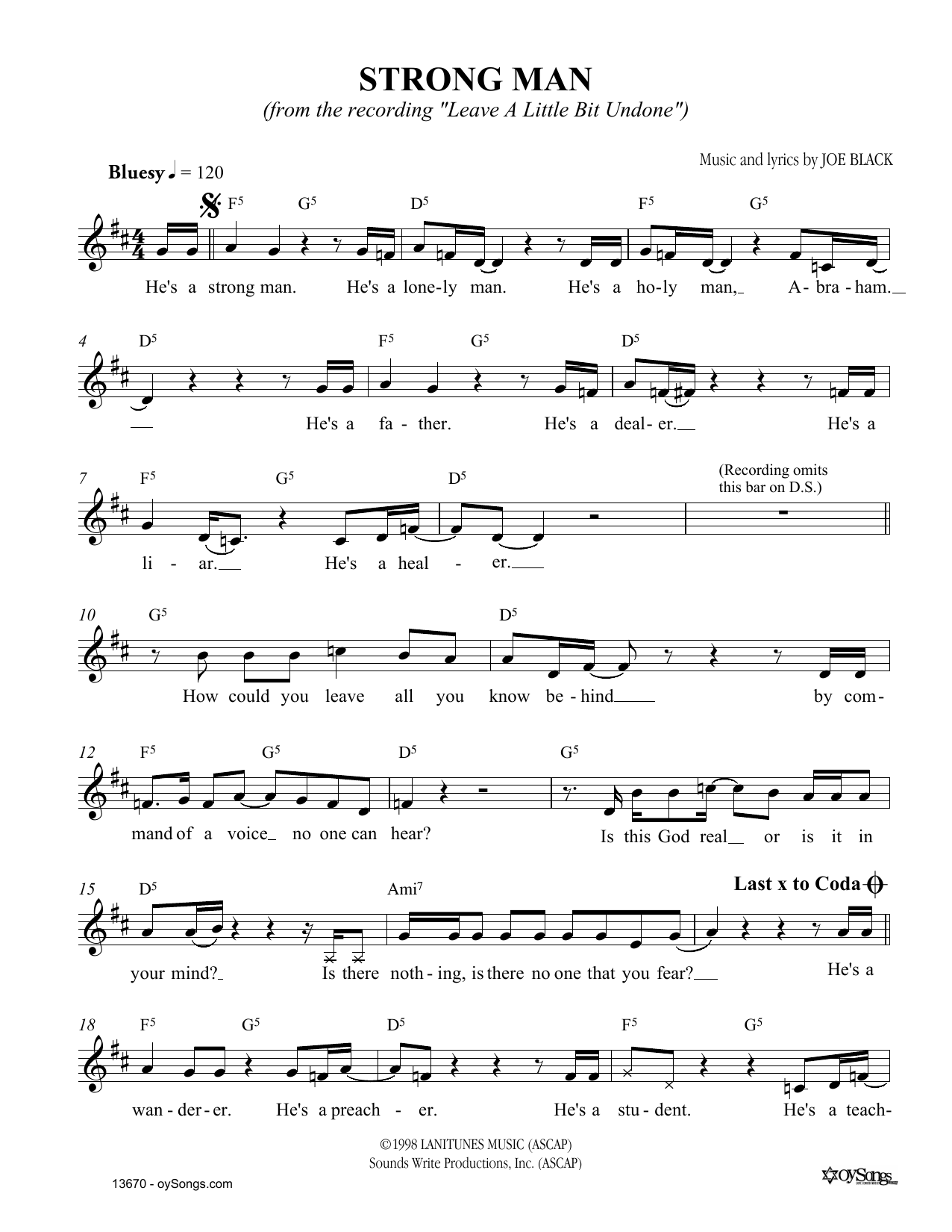 Joe Black Strong Man Sheet Music Notes & Chords for Melody Line, Lyrics & Chords - Download or Print PDF