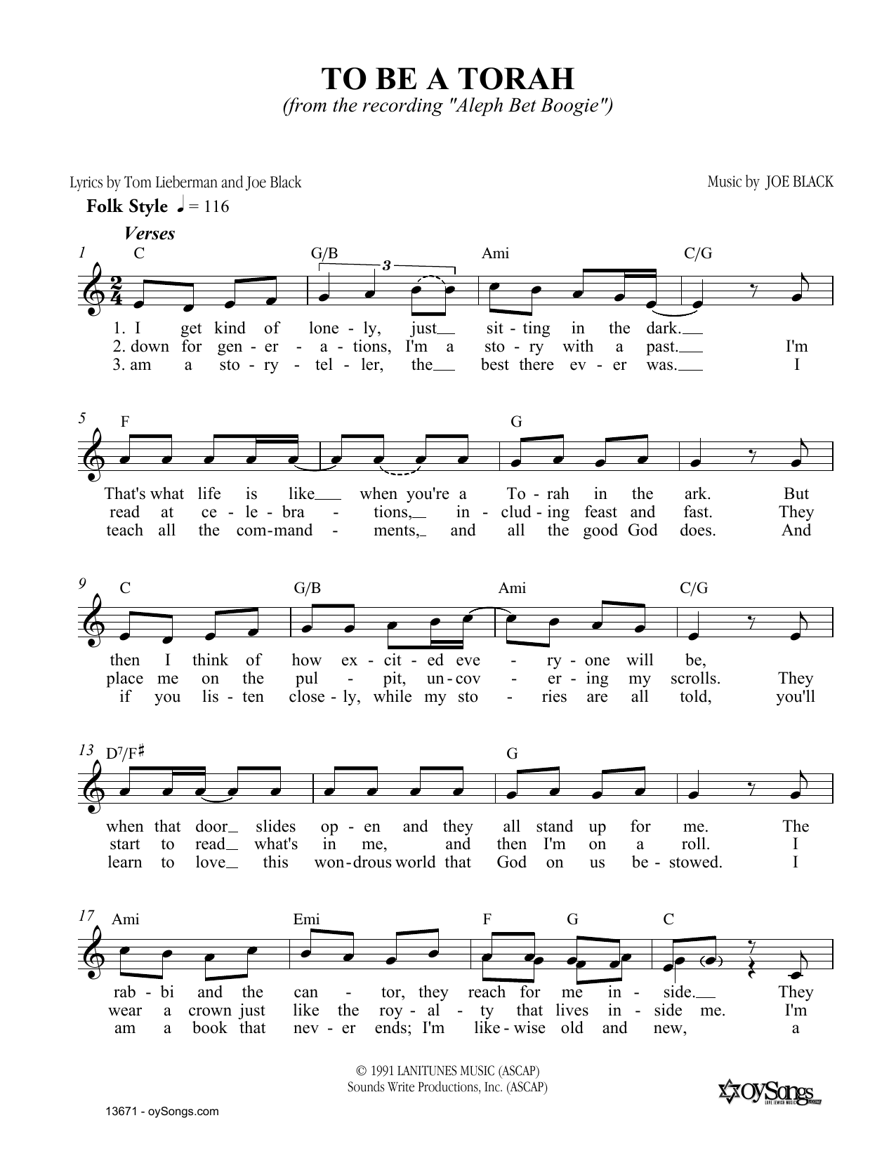 Joe Black To Be A Torah Sheet Music Notes & Chords for Melody Line, Lyrics & Chords - Download or Print PDF