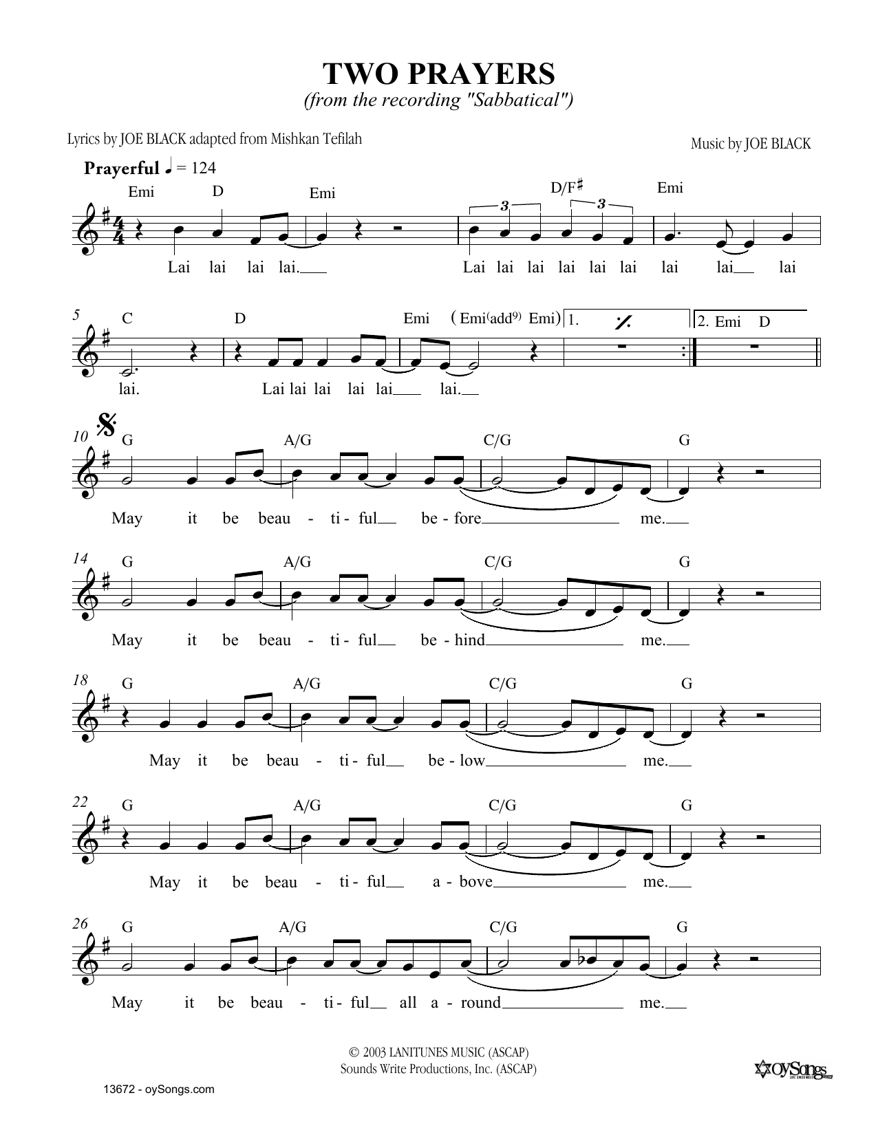 Joe Black Two Prayers Sheet Music Notes & Chords for Melody Line, Lyrics & Chords - Download or Print PDF