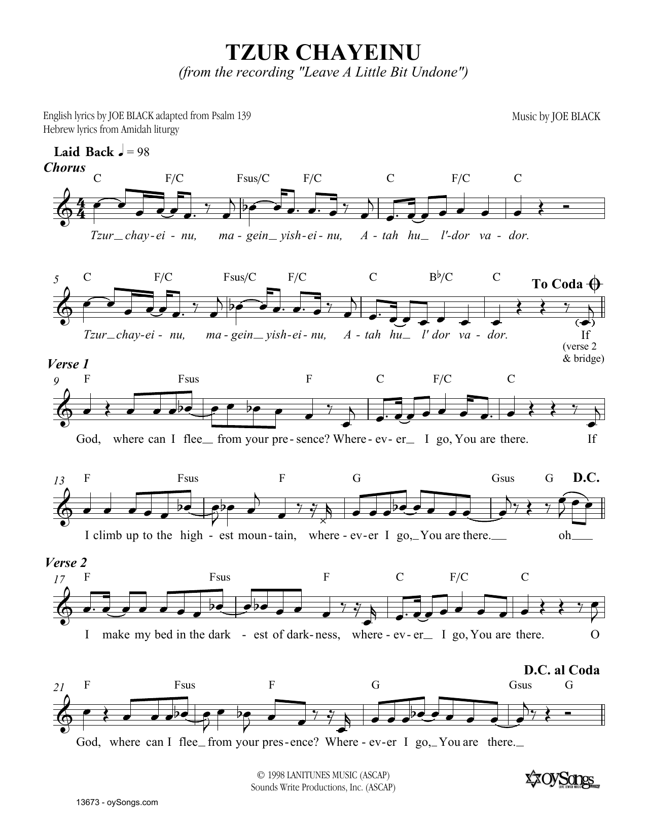 Joe Black Tzur Chayeinu Sheet Music Notes & Chords for Melody Line, Lyrics & Chords - Download or Print PDF