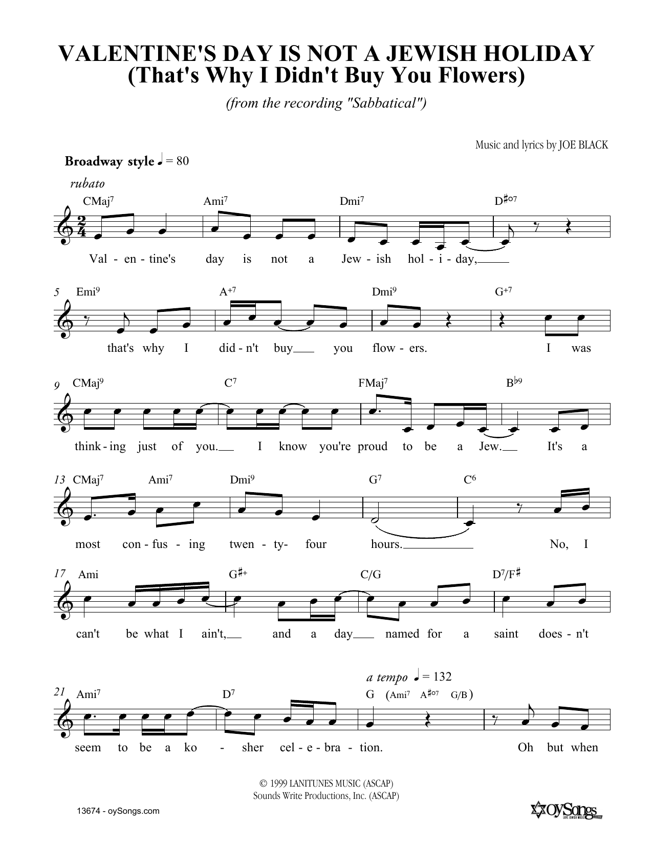 Joe Black Valentine's Day Is Not A Jewish Holiday Sheet Music Notes & Chords for Melody Line, Lyrics & Chords - Download or Print PDF