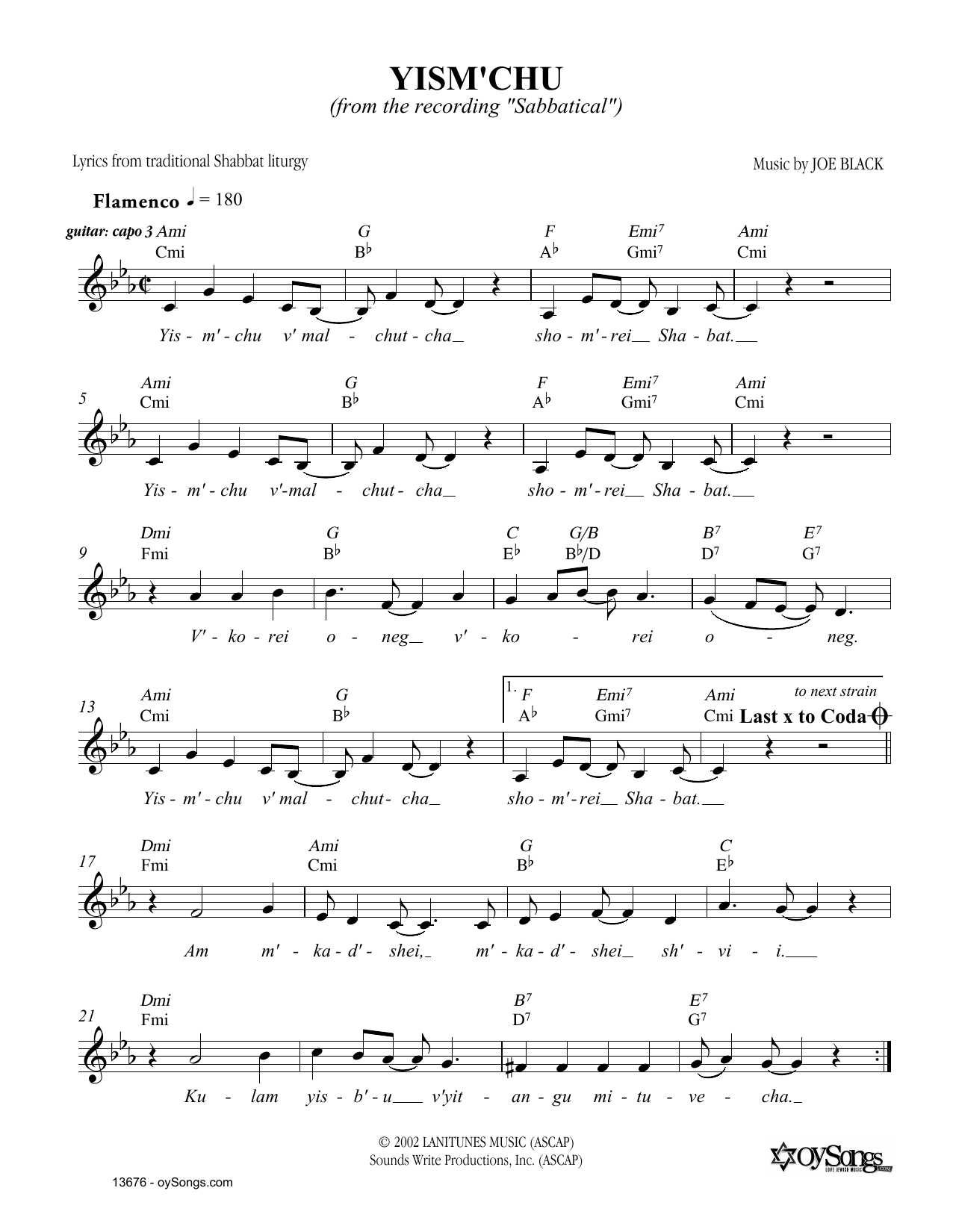 Joe Black Yismechu Sheet Music Notes & Chords for Melody Line, Lyrics & Chords - Download or Print PDF