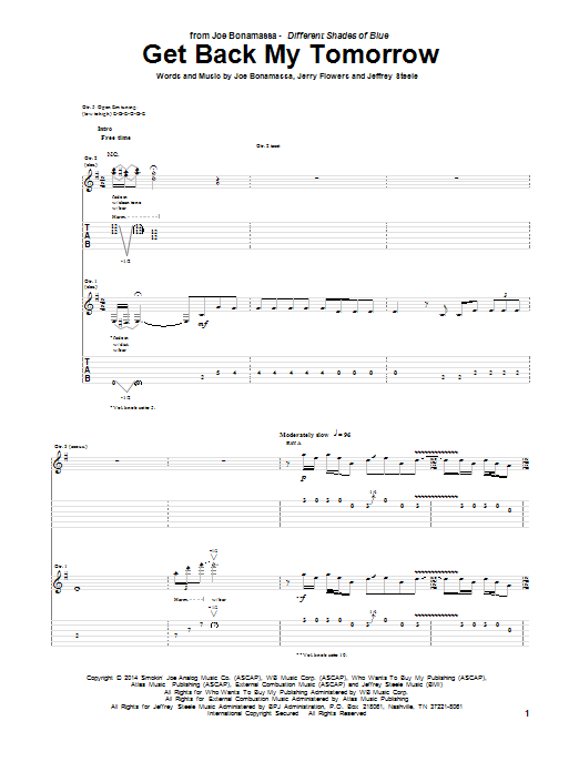 Joe Bonamassa Get Back My Tomorrow Sheet Music Notes & Chords for Guitar Tab - Download or Print PDF