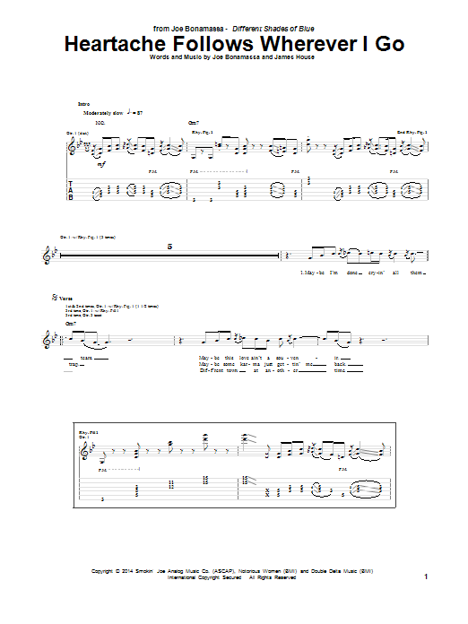 Joe Bonamassa Heartache Follows Wherever I Go Sheet Music Notes & Chords for Guitar Tab - Download or Print PDF