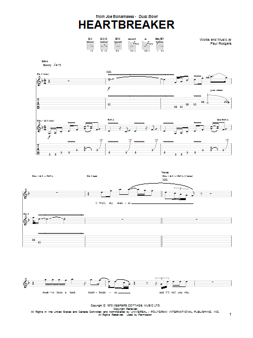 Joe Bonamassa Heartbreaker Sheet Music Notes & Chords for Guitar Tab - Download or Print PDF