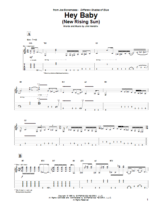 Joe Bonamassa Hey Baby (New Rising Sun) Sheet Music Notes & Chords for Guitar Tab - Download or Print PDF