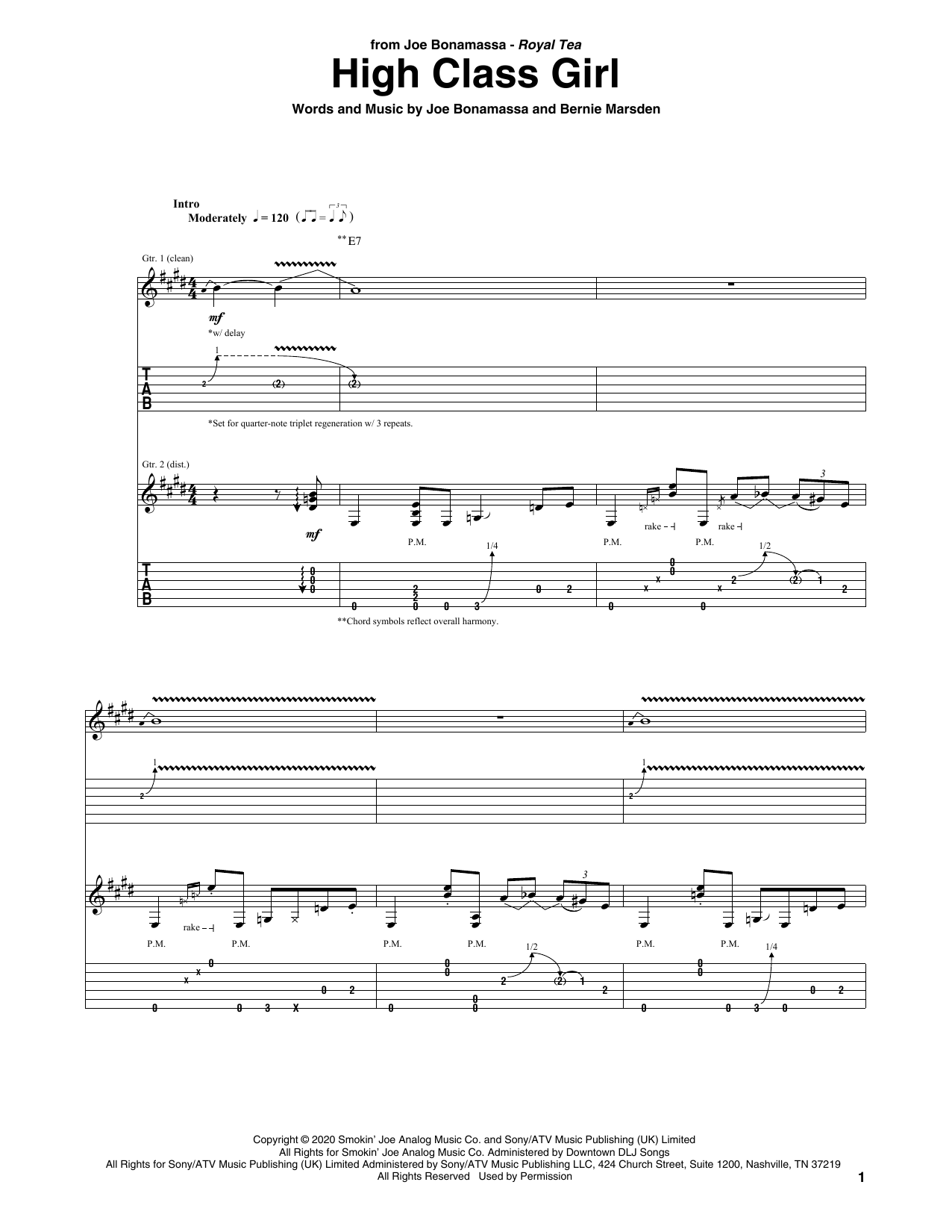 Joe Bonamassa High Class Girl Sheet Music Notes & Chords for Guitar Tab - Download or Print PDF