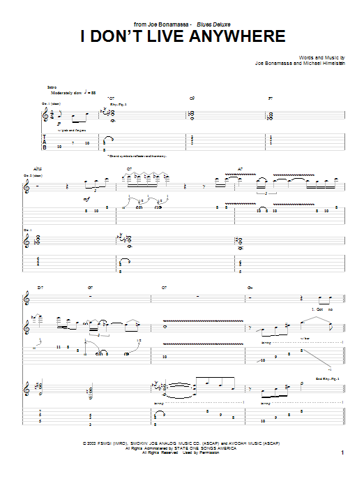 Joe Bonamassa I Don't Live Anywhere Sheet Music Notes & Chords for Guitar Tab - Download or Print PDF