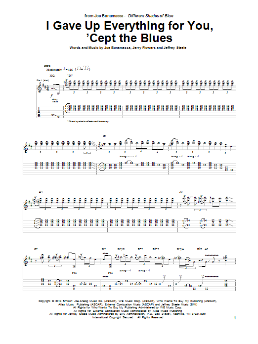 Joe Bonamassa I Gave Up Everything For You, 'Cept The Blues Sheet Music Notes & Chords for Guitar Tab - Download or Print PDF