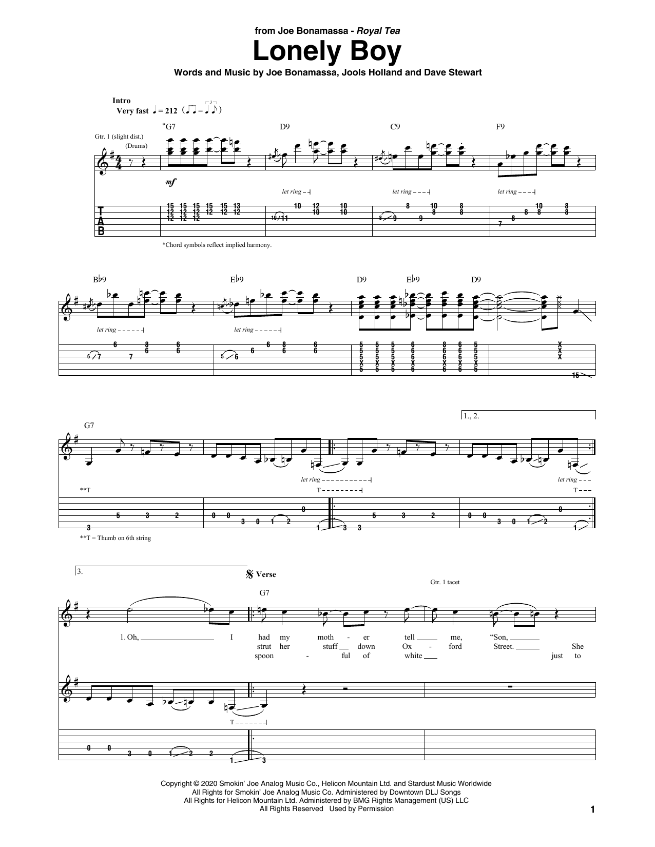 Joe Bonamassa Lonely Boy Sheet Music Notes & Chords for Guitar Tab - Download or Print PDF