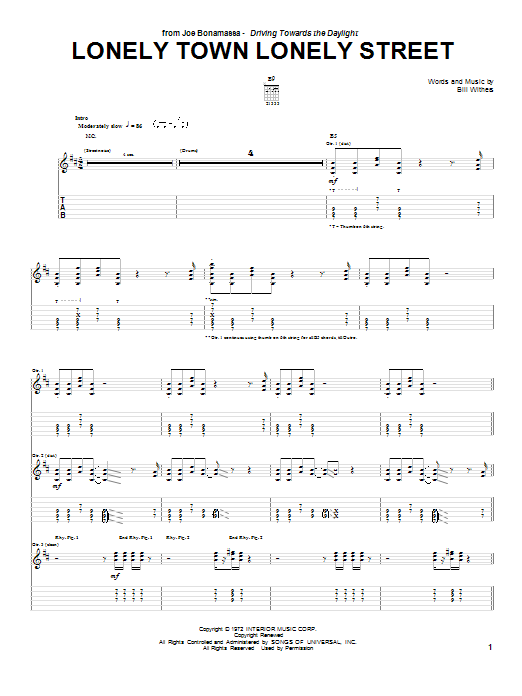 Joe Bonamassa Lonely Town Lonely Street Sheet Music Notes & Chords for Guitar Tab - Download or Print PDF