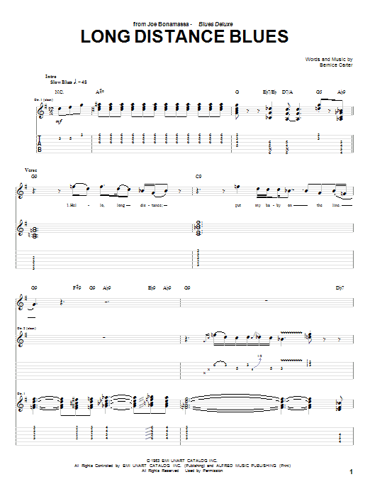 Joe Bonamassa Long Distance Blues Sheet Music Notes & Chords for Guitar Tab - Download or Print PDF